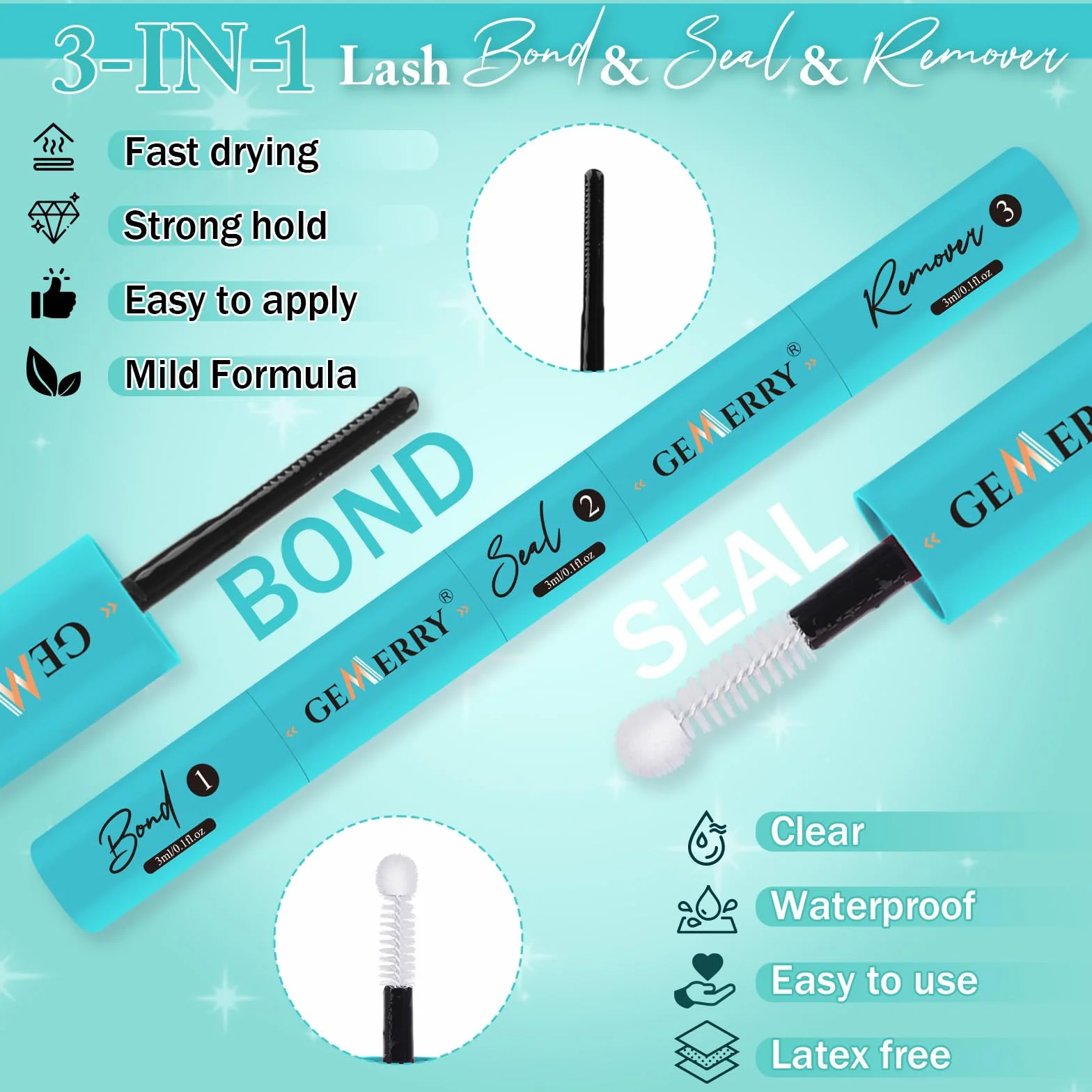 GEMERRY 3-IN-1 Bond & Seal & Remover Colla Ciglia Finte Ciuffetti Bond e Seal Ciglia Nero Colla per Ciglia Finte Durata 72 ore+ Impermeabile | Nuoto e Bagno | Senza Lattice