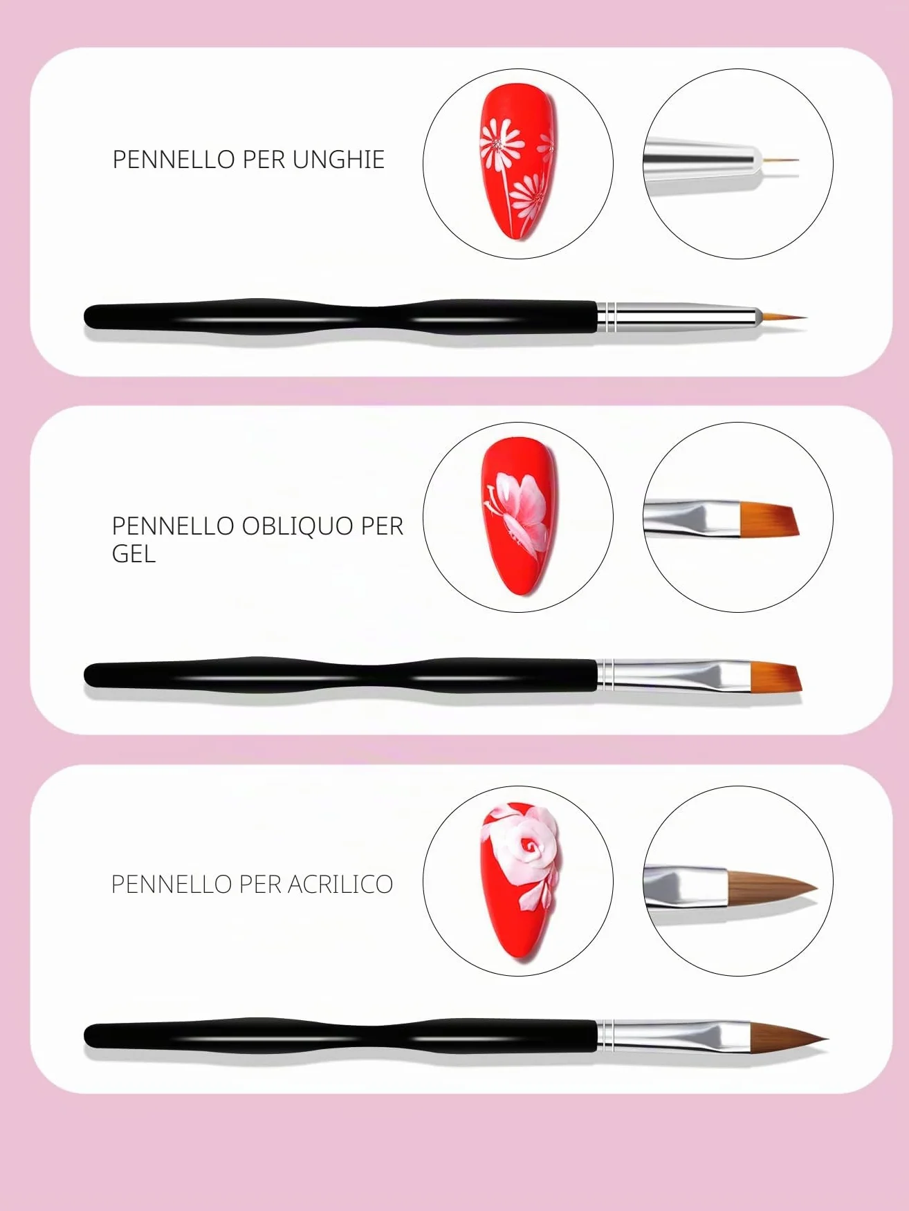 Set di pennelli per nail art, 10 pennelli per nail art, pennelli professionali per nail art, pennelli sottili per unghie, neri