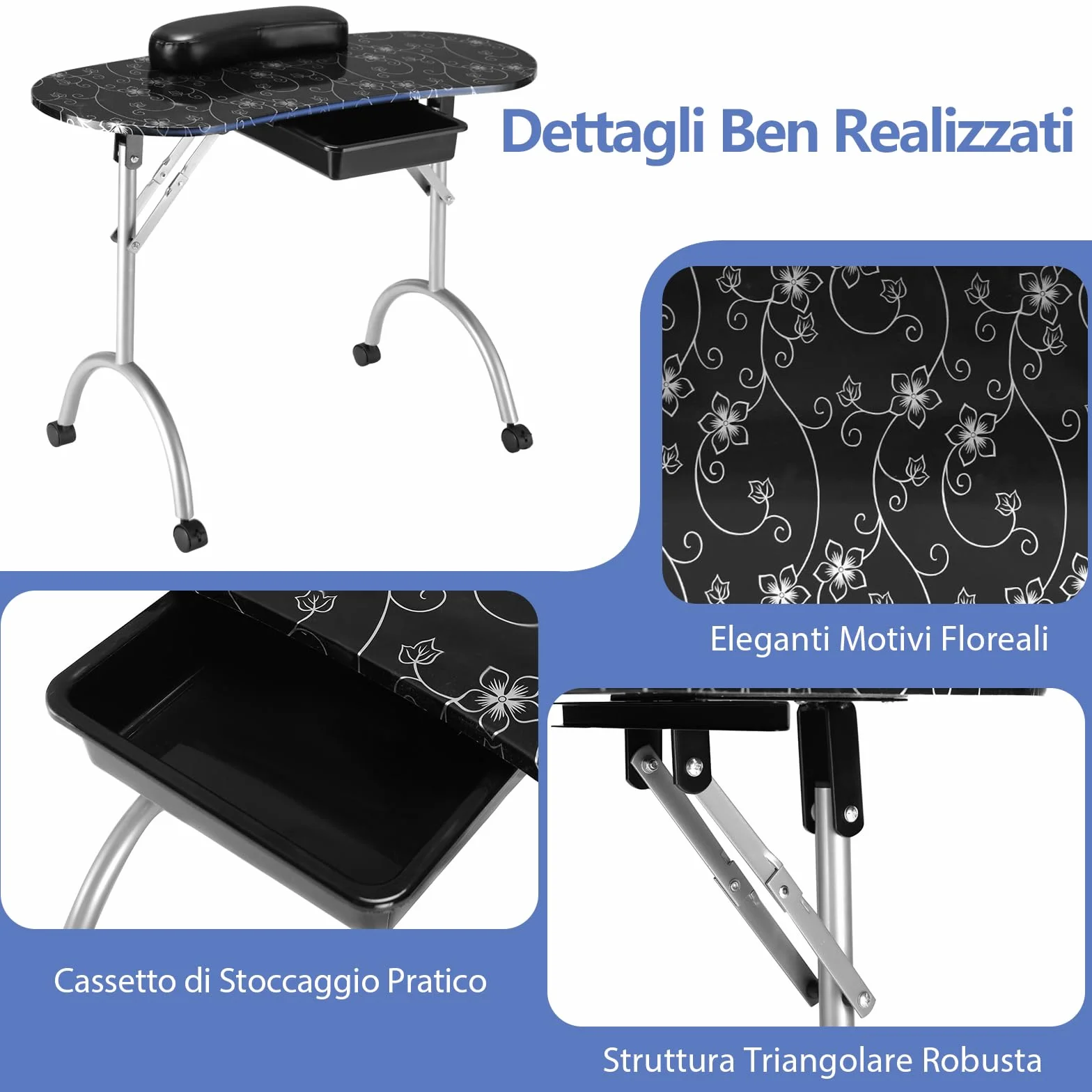 COSTWAY Tavolo per Manicure, Tavolo per Unghie Pieghevole per Estetista con Ruote, Cassetto e Cuscino Poggiapolsi (Nero)
