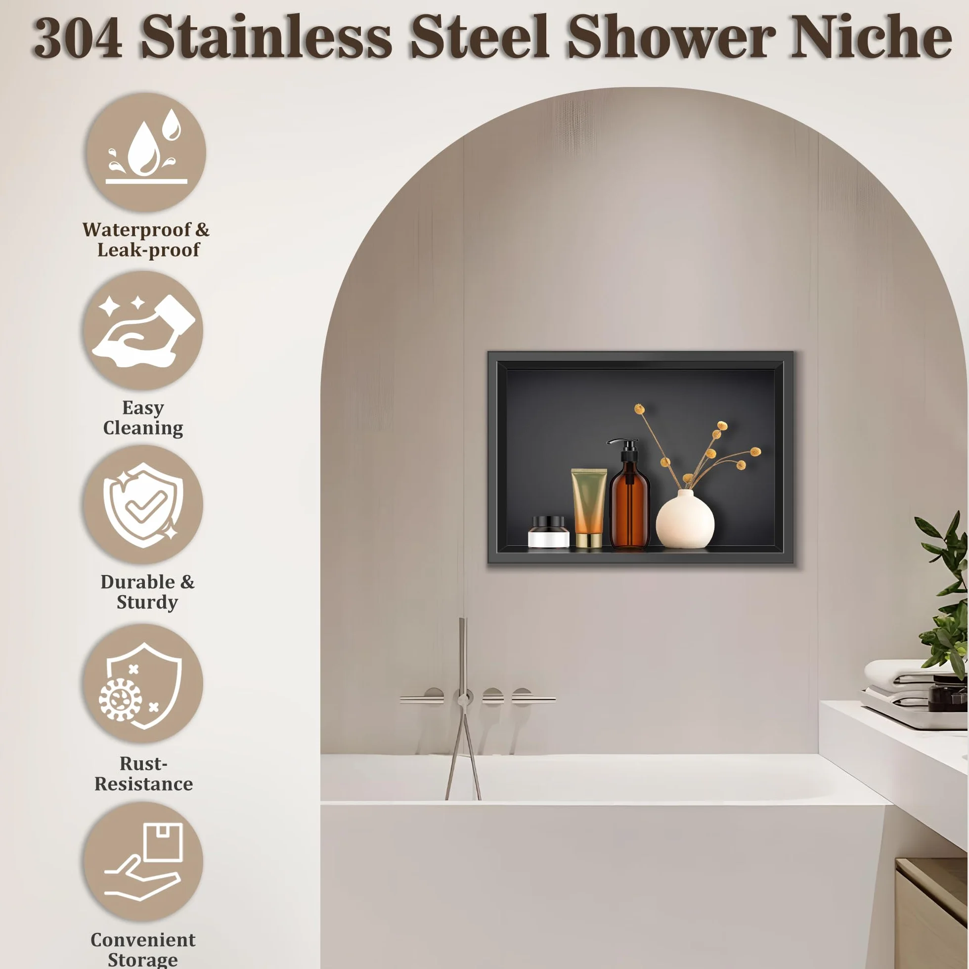 Nicchia da Parete Doccia in Acciaio Inox 33 x 48 x 10cm Nero Nicchia per Doccia da Incasso