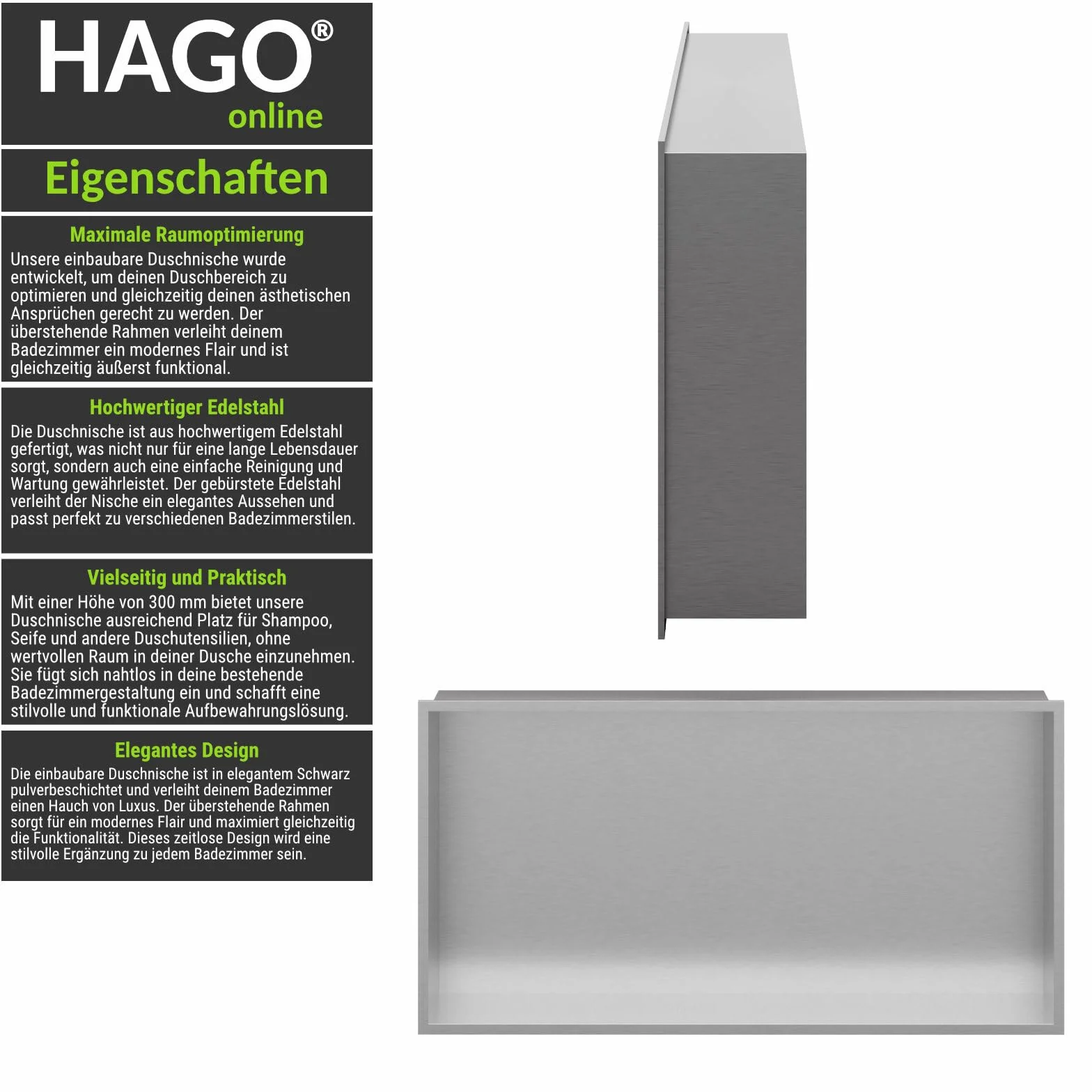 Cuccia per doccia in acciaio inox spazzolato 60x30 cm montaggio a incasso