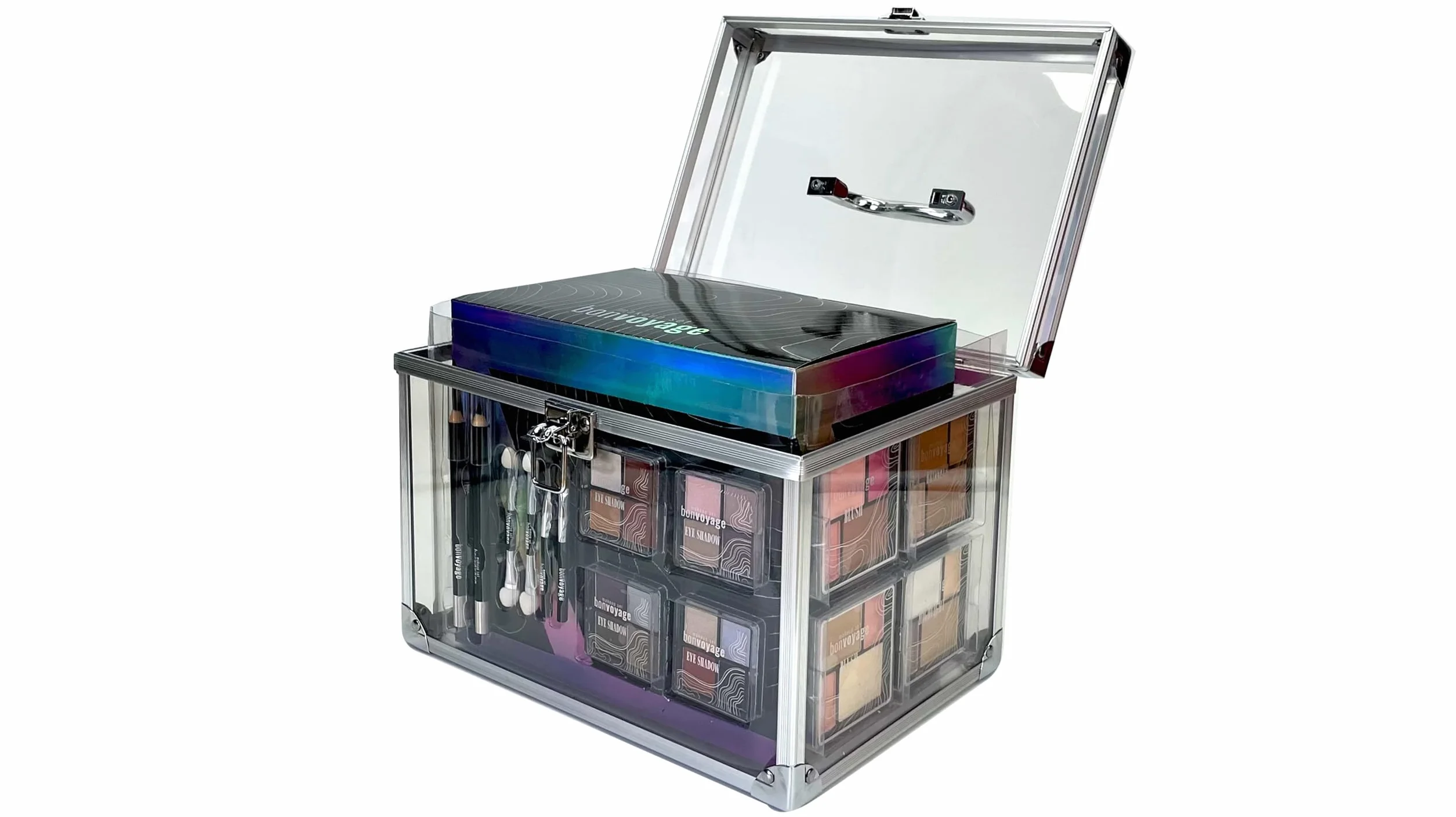 bonvoyage, Set Trucchi Donna, Include Rossetti, Ombretti, Fard, Bronzer, Illuminante, e Pennelli Make Up, Valigetta Trasparente Portatile e Leggera, Colour Delights