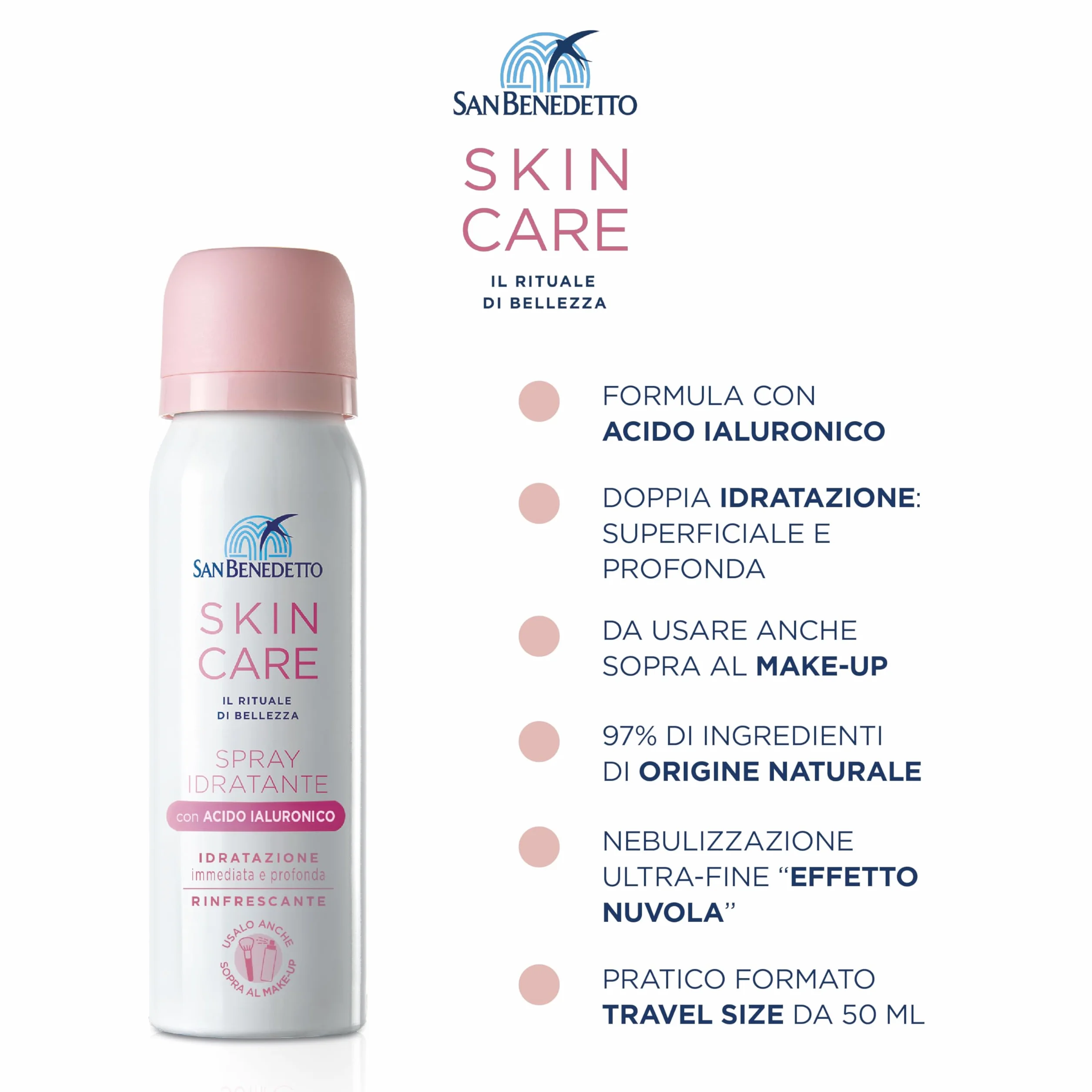 San Benedetto SKIN CARE MIST, Spray Idratante Viso con Acido Ialuronico 50ml, Effetto Nuvola Ideale Sopra il Make-up e in Viaggio, 97% Ingredienti Origine Naturale, Testato per Pelli Sensibili