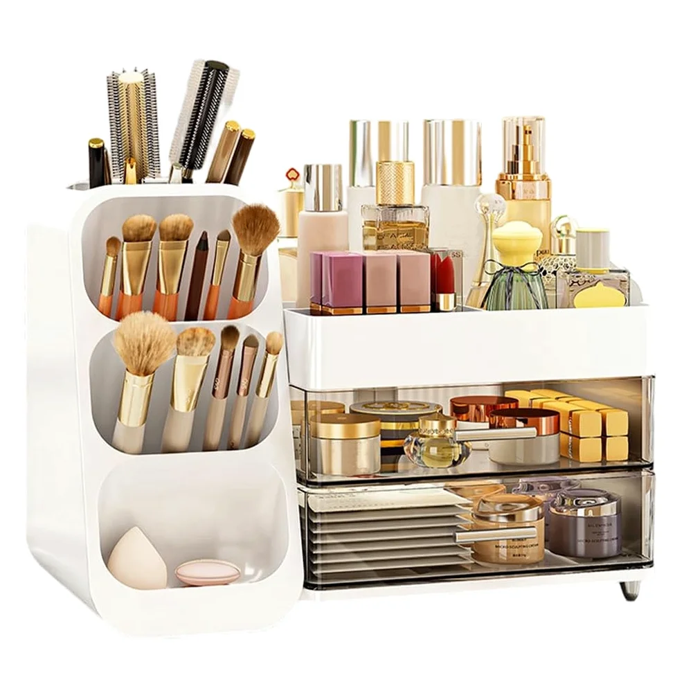 Organizer per cosmetici con 3 cassetti, grande capacità e portatile - Scatola per il trucco per scrivania, viaggio e bagno, ideale per amanti del trucco e professionisti (Bianco)