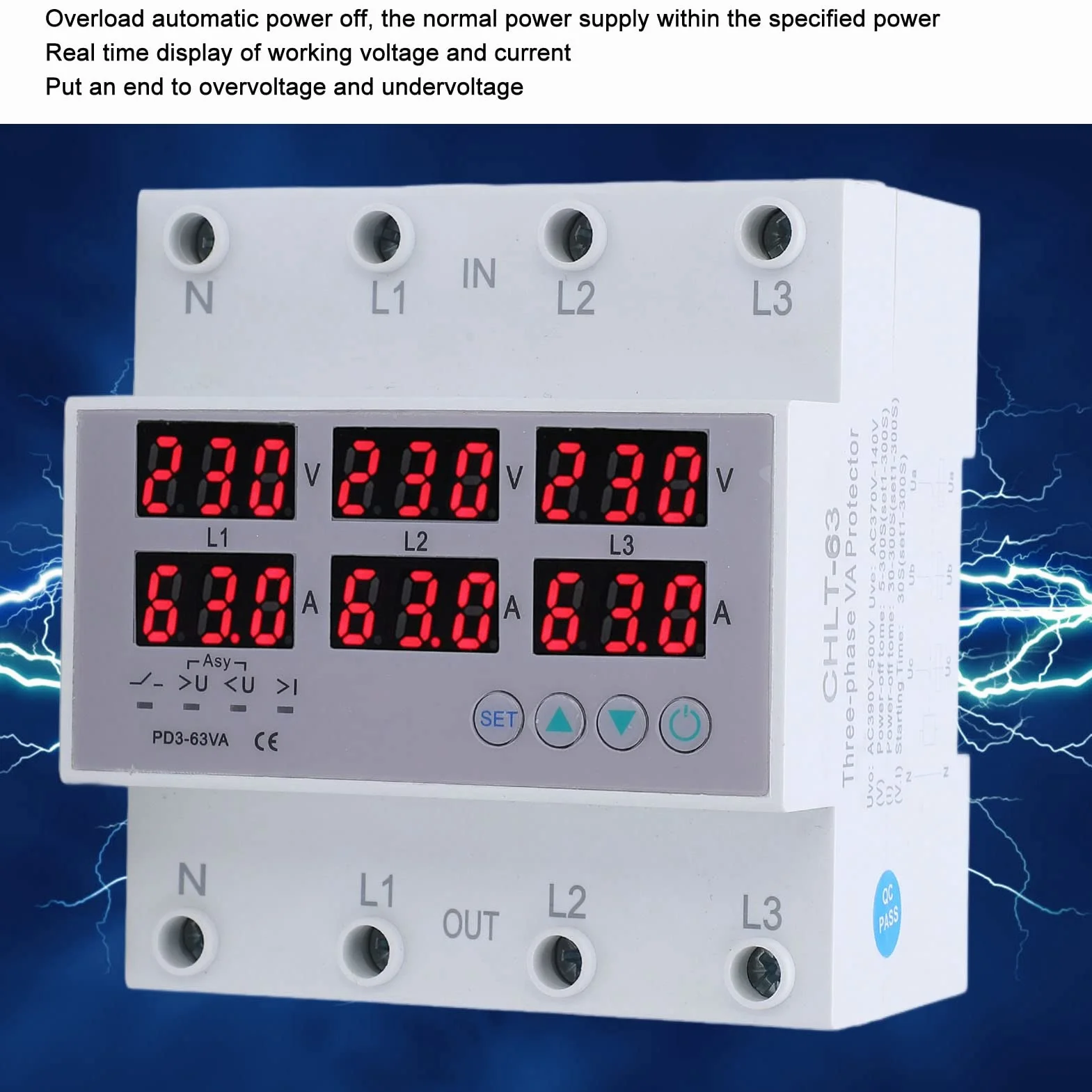 Voltmetro trifase AC 390-500V guida DIN 63A amperometro protezione sovratensione sottotensione regolabile