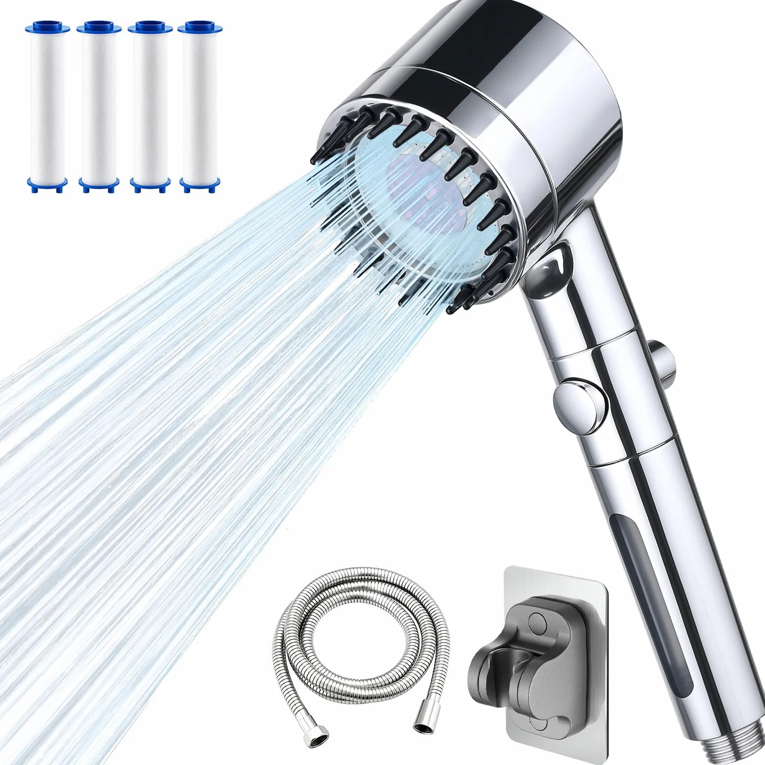 LENDOO Soffione Doccia Alta Pressione con Tubo 1.5M 4 Modalità Spruzzo Anticalcare Filtro Sostituibile Argento