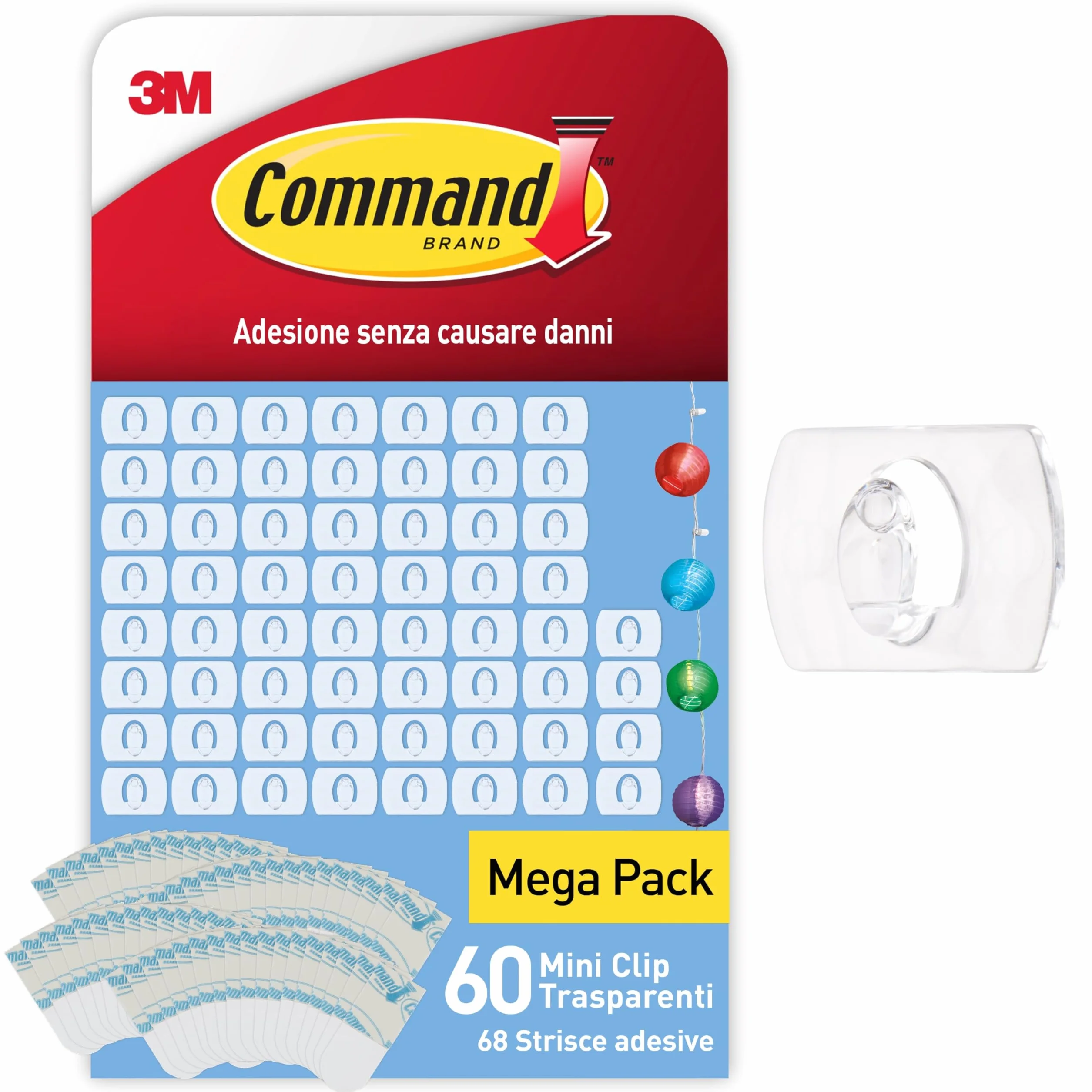 Command Mini Ganci Adesivi Trasparenti per Decorazioni Interne, 60 Ganci e 68 Strisce