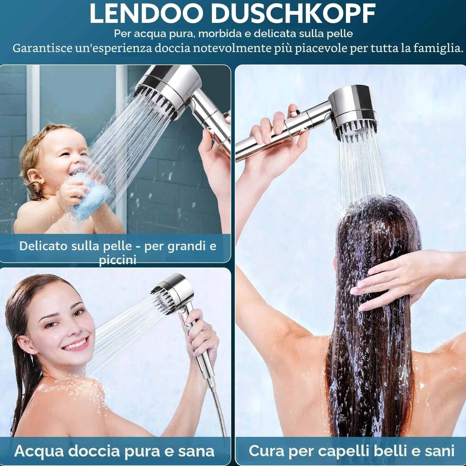 LENDOO Soffione Doccia Alta Pressione con Tubo 1.5M 4 Modalità Spruzzo Anticalcare Filtro Sostituibile Argento