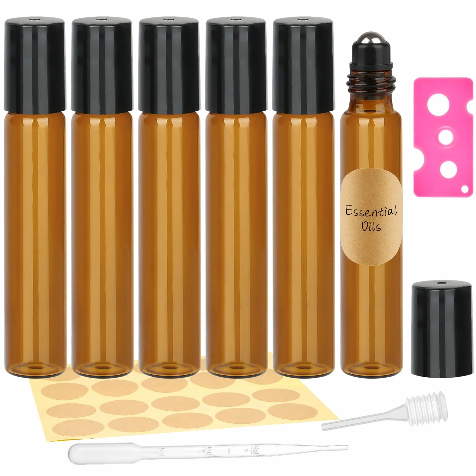 Roll on Bottiglie di vetro per olio essenziale, rollon bottiglia vuota con palla in acciaio inox, bottiglia rollon marrone con apertura, contagocce, cannuccia, etichette per oli essenziali, profumo,