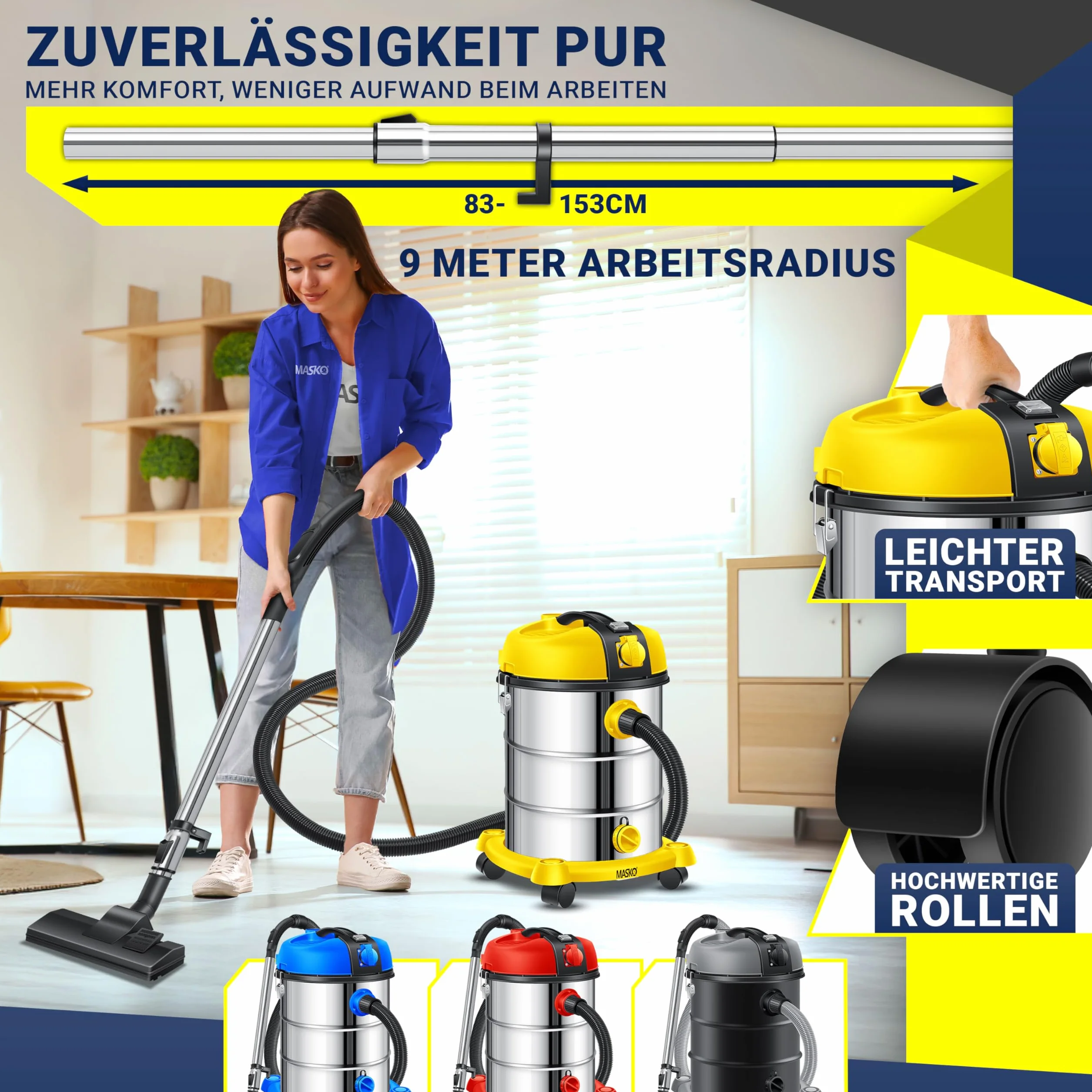 Masko Aspirapolvere industriale acciaio inox 2300 W presa corrente aspirazione secco umido soffiaggio Push&Clean Giallo