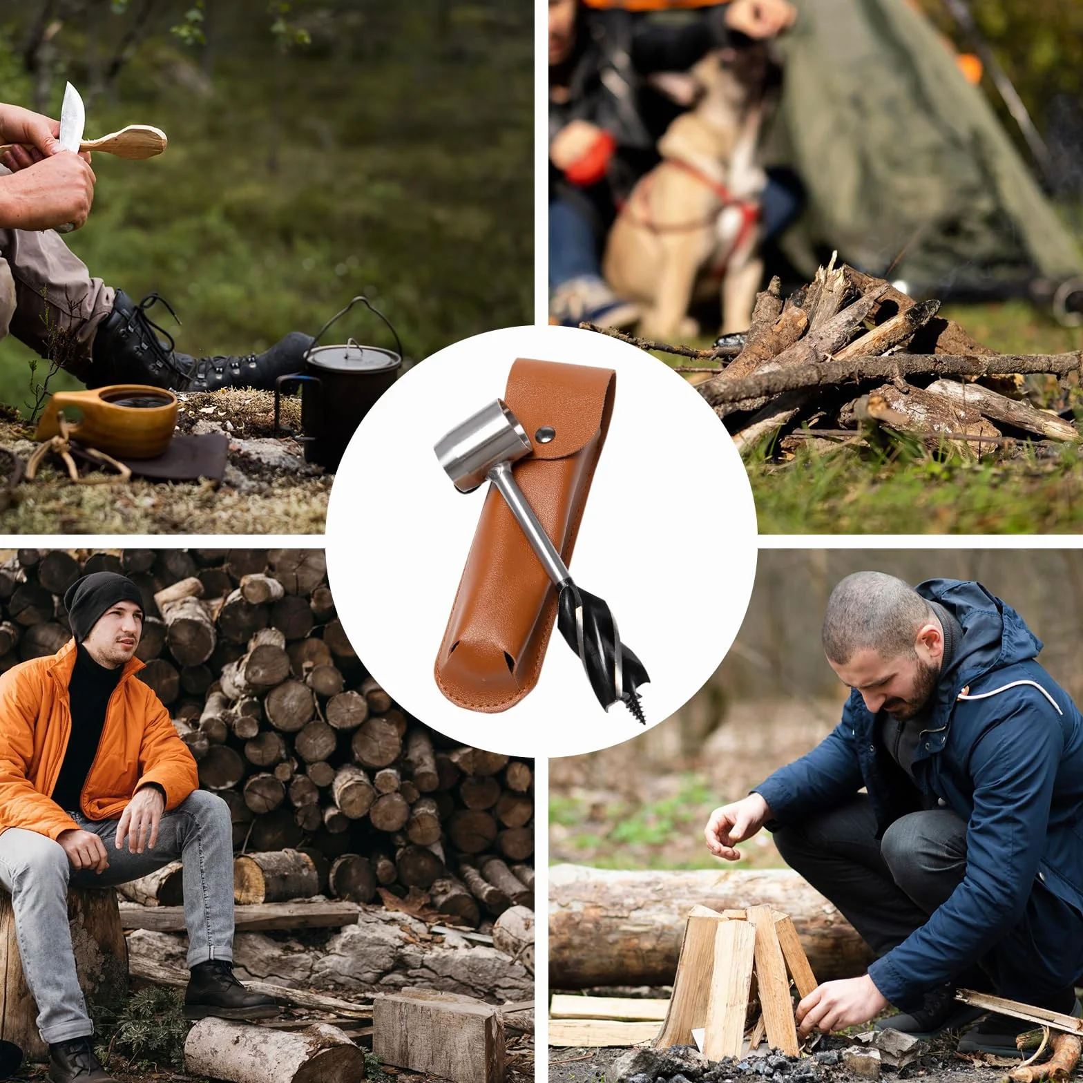 Trivella Manuale per Legno con 4 Sega a Filo di Emergenza Custodia In Pelle Punta da Trapano Multiuso Bushcraft Survival Tools