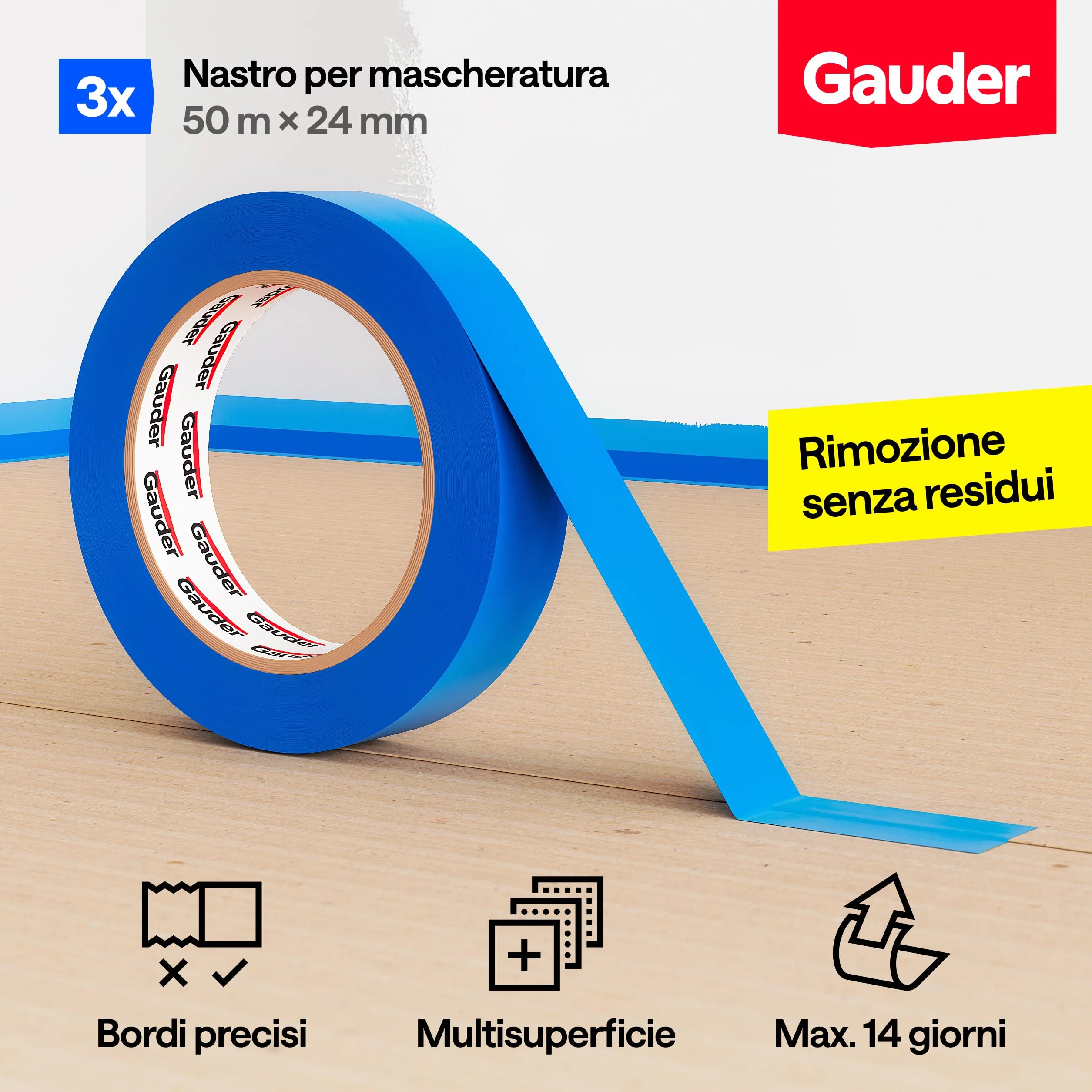 GAUDER Nastro da Pittura per Mascheratura Adesivo di Precisione Carta Washi Rimovibile 3 Rotoli 24 mm x 50 m