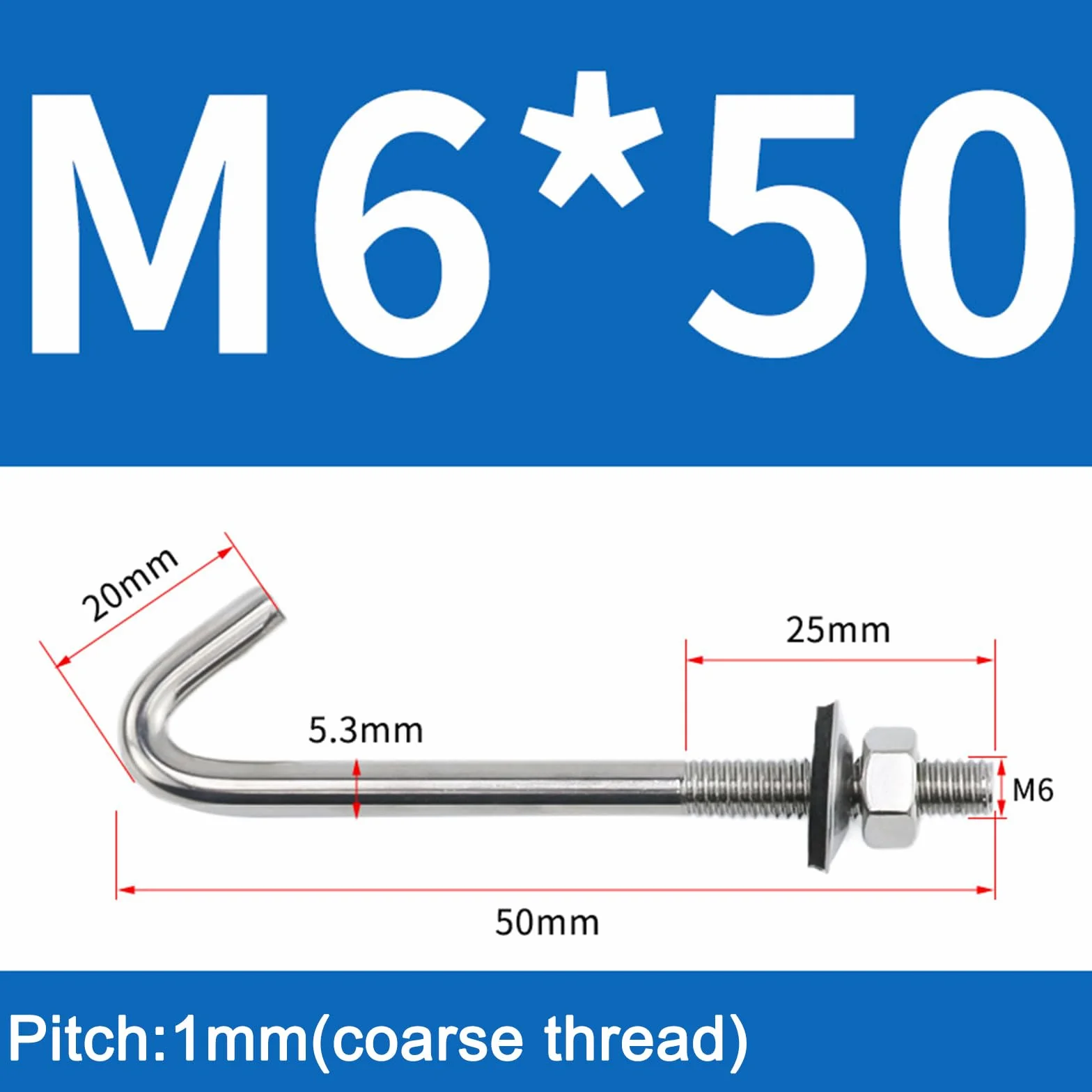 Ancoraggi per tetti M6x50mm acciaio inossidabile 304 ganci a J dado esagonale