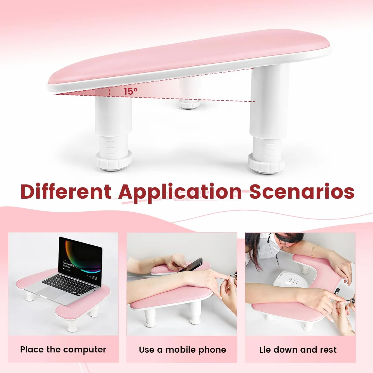 JODSONE Bracciolo rosa a forma di U per chiodo tecnico, con supporto per cellulare girevole a 360° integrato e bracciolo regolabile per manicure in salone