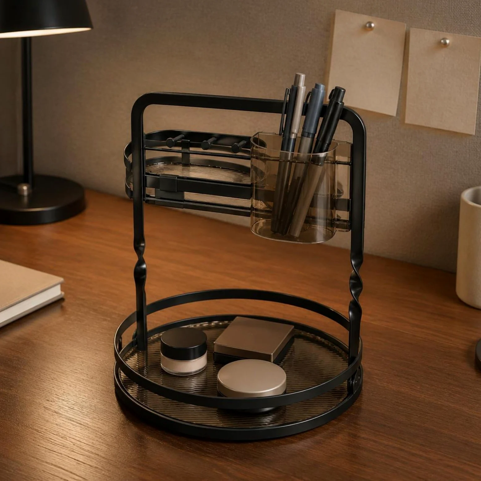 harayaa Vanity Organizer Porta Cosmetici Portatrucchi Portaprofumi Portapennelli Rotazione a 360 Gradi Doppio Livello Telaio in Metallo con Bicchiere Pennelli, Oro, Modello Base