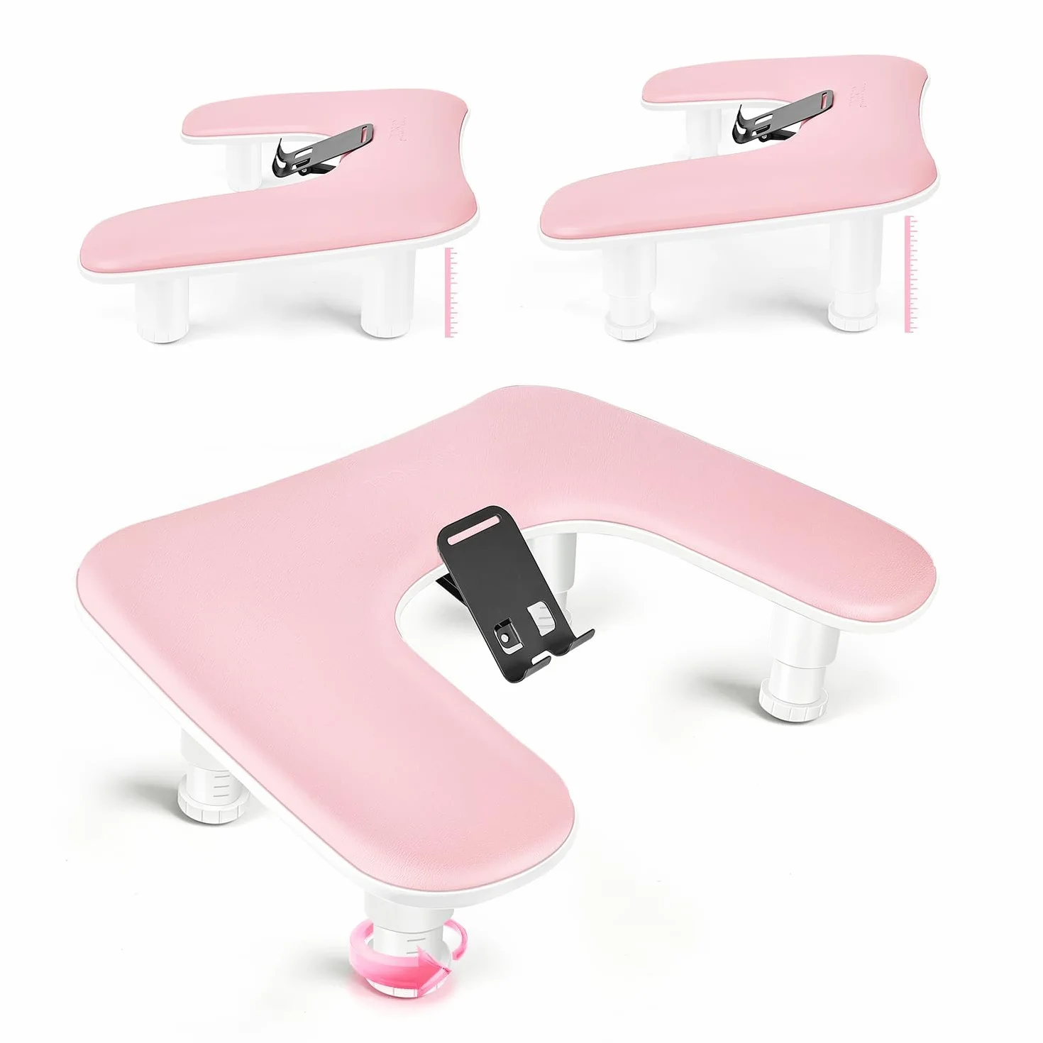 JODSONE Bracciolo rosa a forma di U per chiodo tecnico, con supporto per cellulare girevole a 360° integrato e bracciolo regolabile per manicure in salone