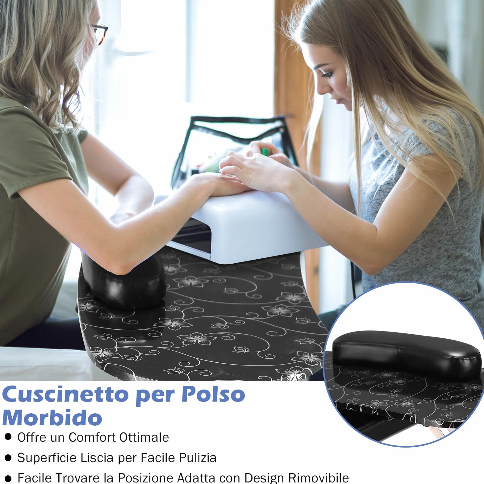 COSTWAY Tavolo per Manicure, Tavolo per Unghie Pieghevole per Estetista con Ruote, Cassetto e Cuscino Poggiapolsi (Nero)
