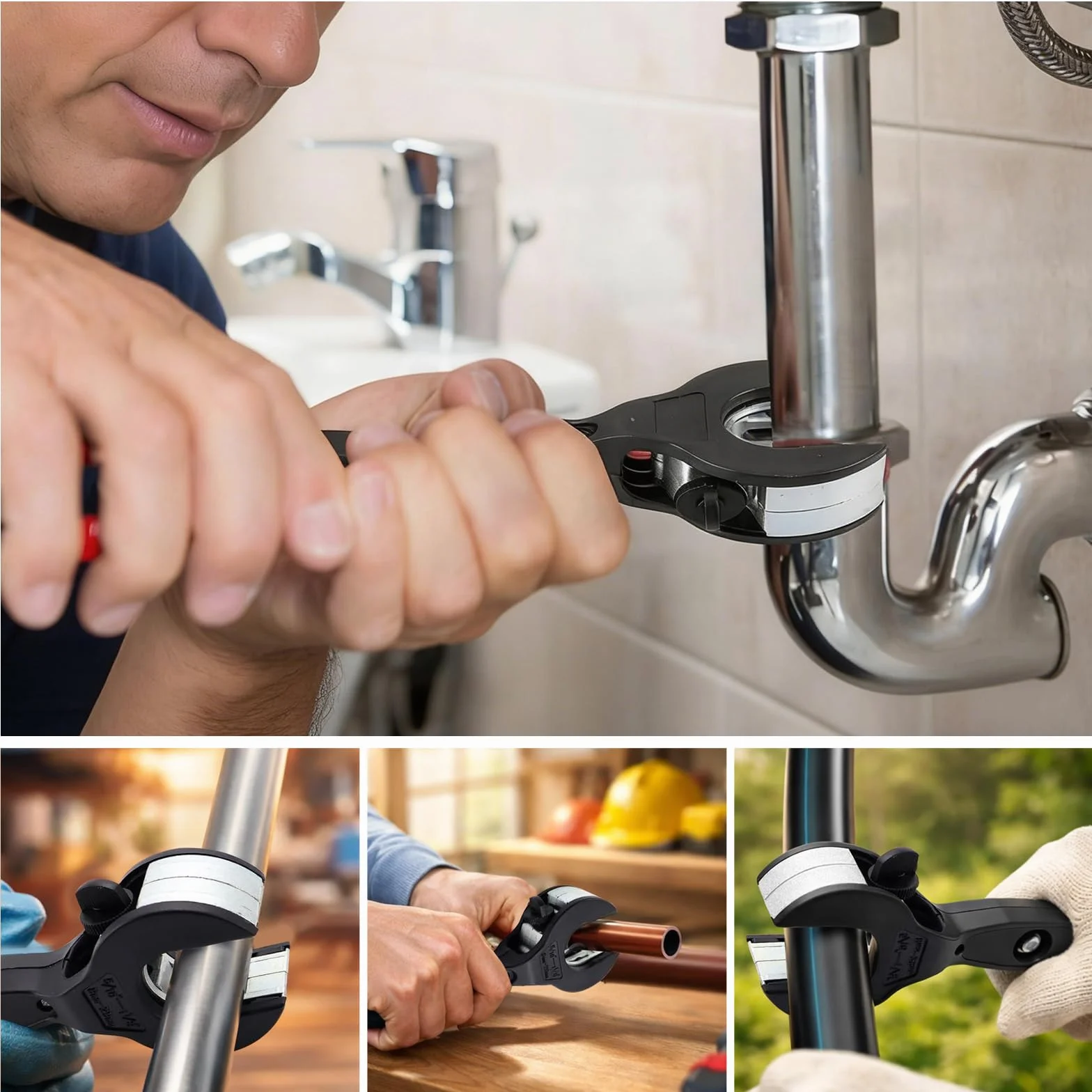 Set tagliatubi a cricchetto 8-29 mm per rame acciaio inox alluminio plastica con 3 rotelle e sbavatura