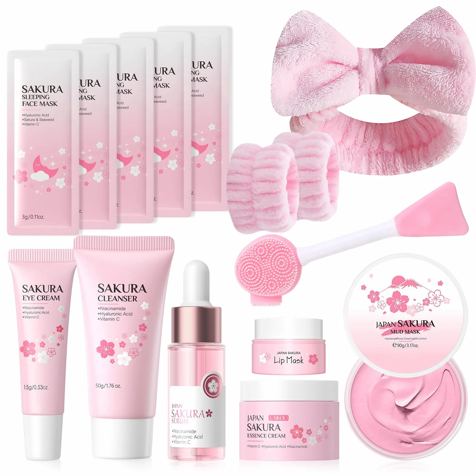 Kit per la Cura della Pelle Sakura 14 Pezzi,Include detergente, essenza, crema, maschera di fango,Sakura Skincare Set,Set Skincare Viso Completo per Ragazze e Donne