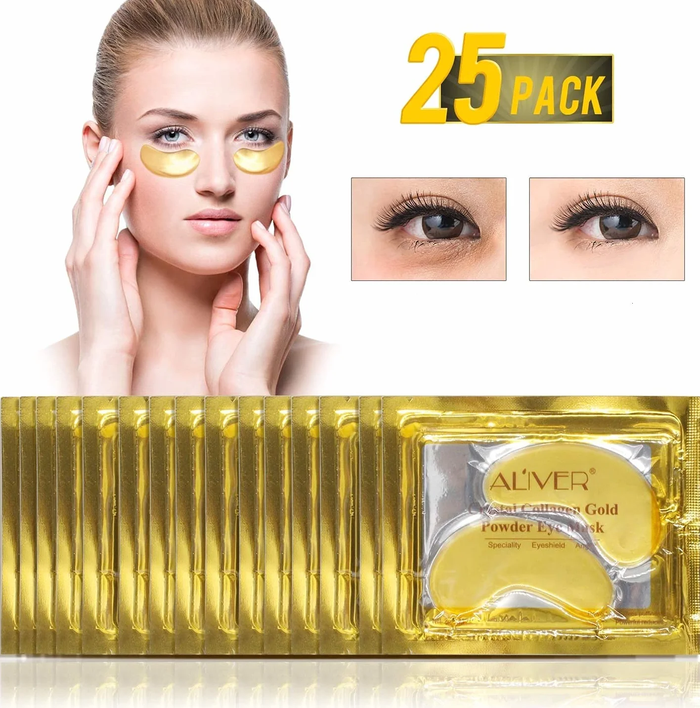 Maschera per Gli Occhi al Collagene in Gel di Cristallo Oro 24K 25 paia, Antietà e Rughe, Crema Idratante, per Rimuovere Borse Sotto Gli Occhi, Occhiaie, Occhi Gonfi
