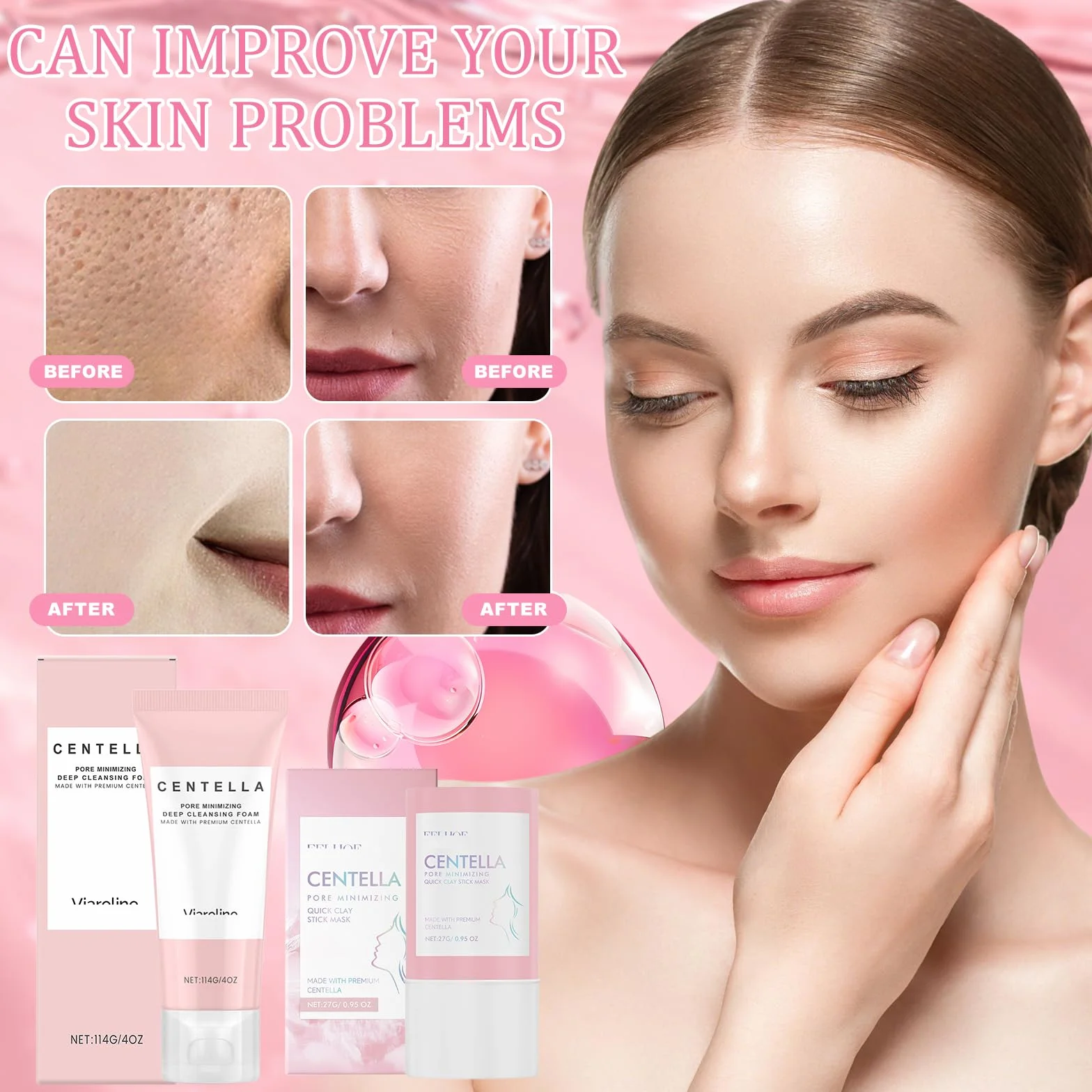 2 Pezzi Centella Detergente Viso + Maschera per Argilla, Kit Centella Asiatica, Madagascar CENtella Skincare, Riduce i Pori, Clay Stick CEntella Ampoule Foam, Adatto a Tutti i Tipi di Pelle