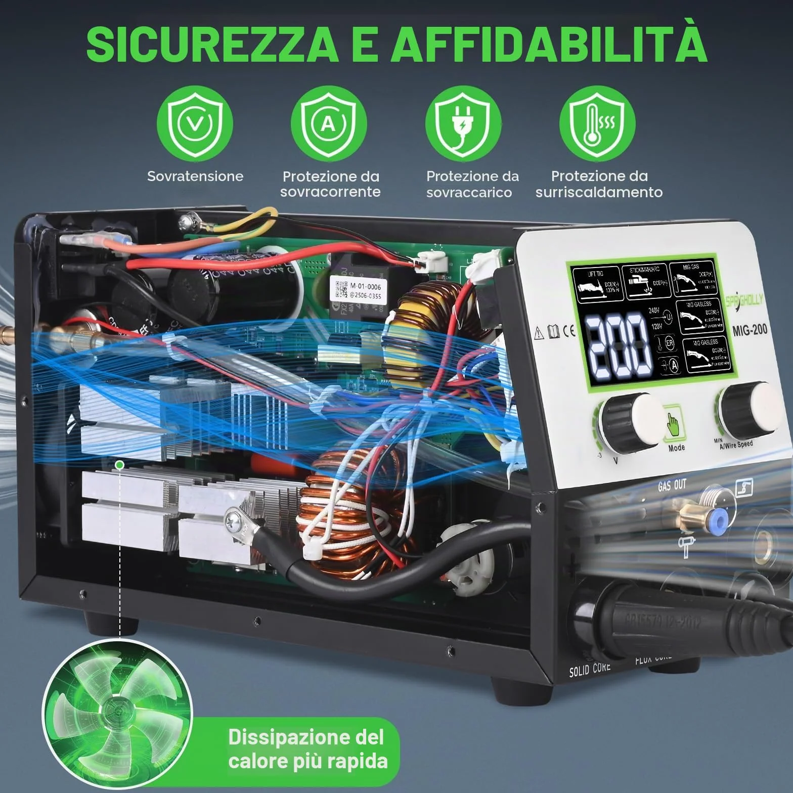 Saldatrice 5-in-1 200A 240V MIG/MAG Senza Gas MMA Lift TIG Inverter IGBT Display LED