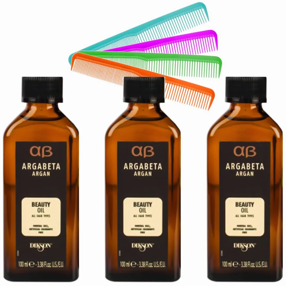 3 Pz DIKSON ARGABETA Olio Professionale Per Capelli Con Olio Di Argan/Beta-Carotene 100ml + Omaggio N°1 Pettine Stretto Colorato ALTÉAX®