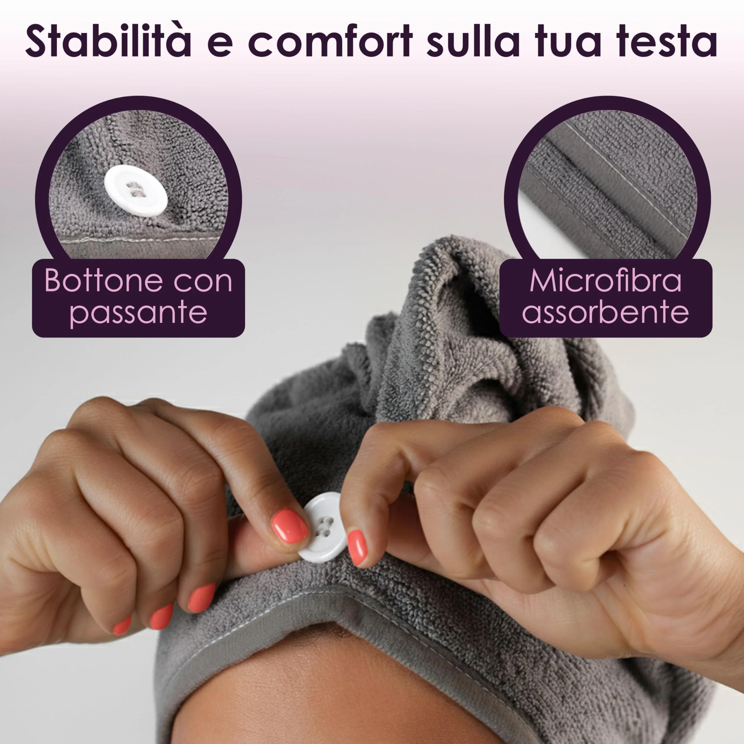 Generico Turbante Asciugacapelli in Microfibra 65x25 Cm Morbido e Assorbente con Bottone Antiscivolo