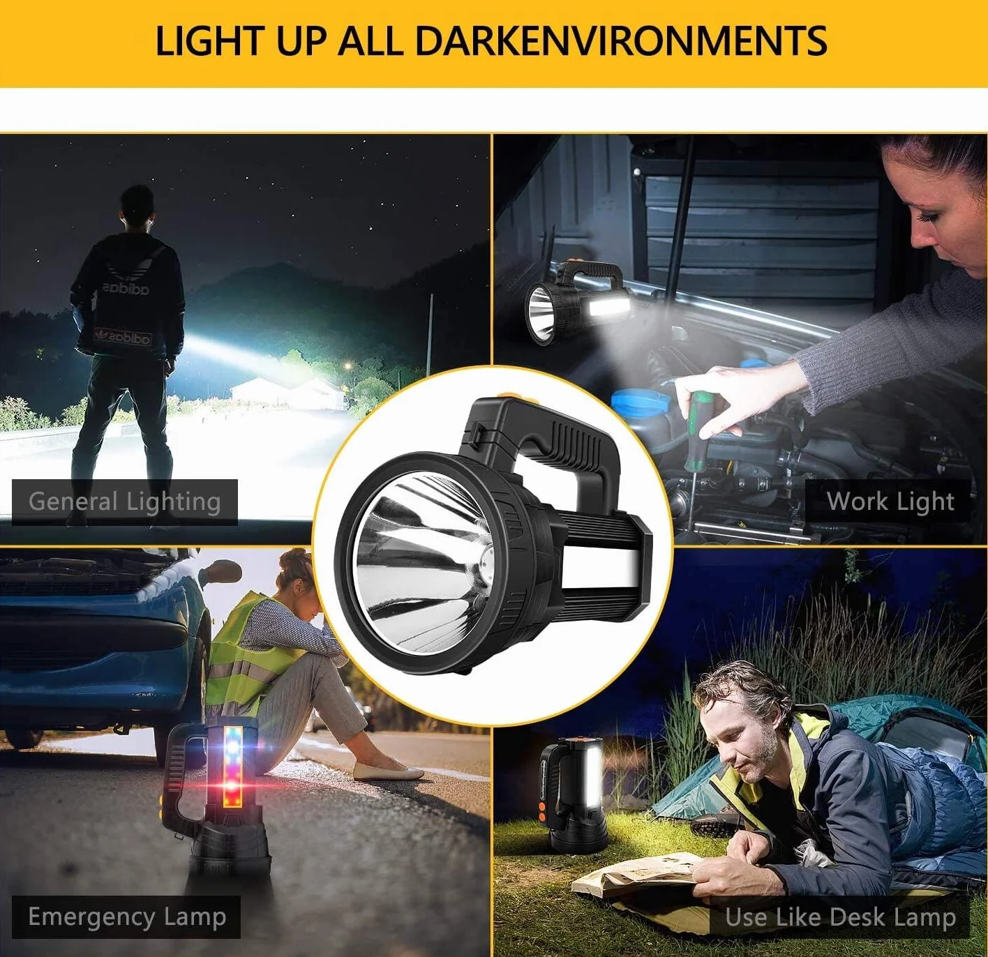 Torcia LED Ricaricabile 15000 Lumen 10000mAh IPX4 Alta Potenza Super Luminosa per Campeggio Caccia
