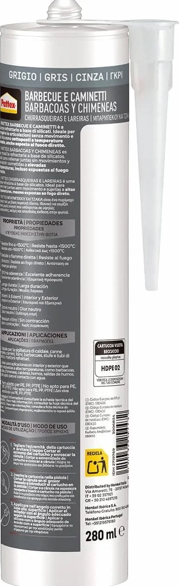 Pattex Silicone alte temperature per barbecue e caminetti, sigillante verniciabile resistente alla fiamma diretta, grigio 280 ml