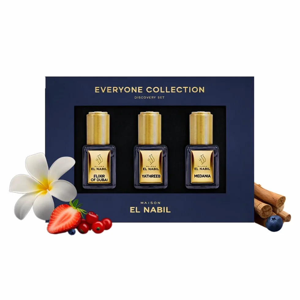 Cofanetto Scoperta Profumi Roll-On Unisex 3x5 ml (Elixir of Dubai, Yathreeb, Medania) - Gourmand & Orientale - Estratto di Profumo Senza Alcol - Profumo Orientale Dubai - Idea Regalo