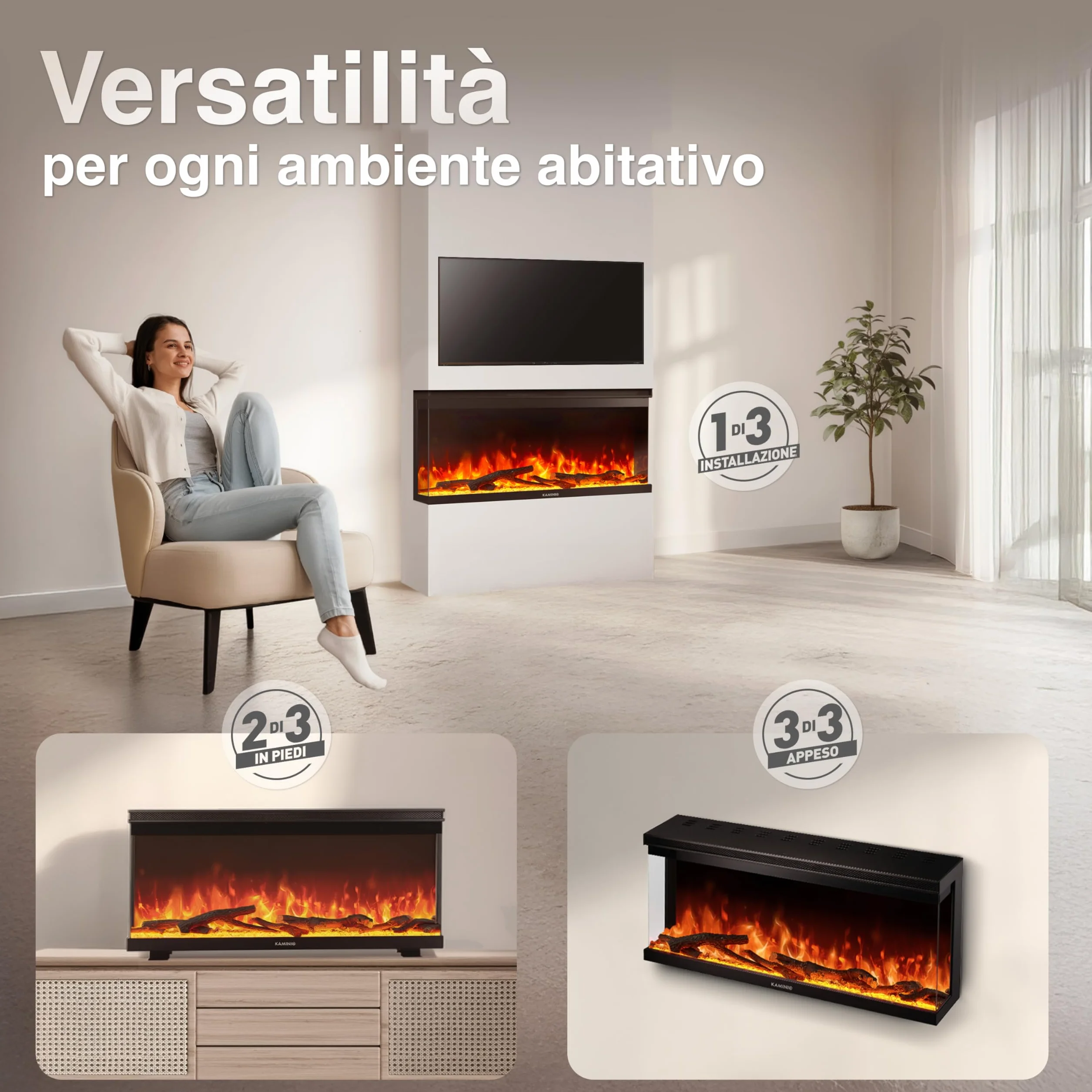 KAMINIO Camino elettrico LEA 3-in-1 con vista panoramica, riscaldamento, effetto fiamma 3D, 12 colori, telecomando 36 pollici