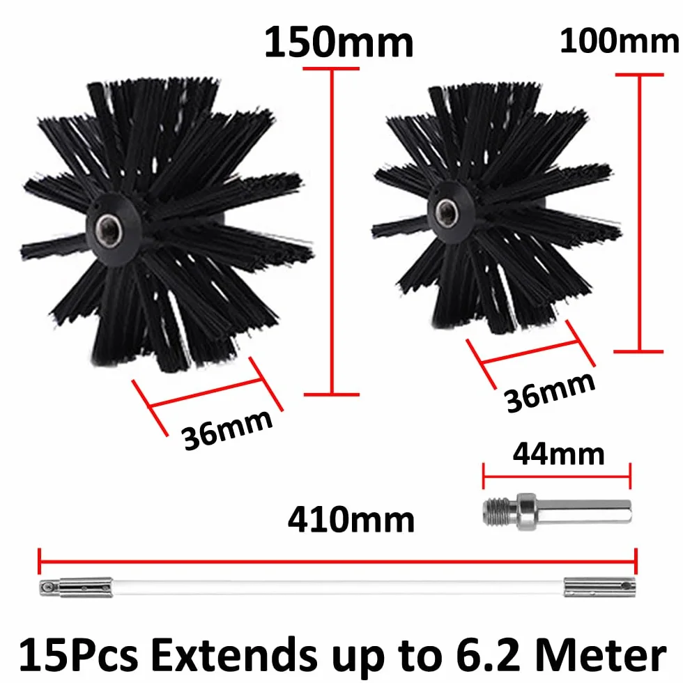 Kit Pennello Pulizia Camino Spazzola Nylon Rotante Flessibile 15 Aste 150mm 100mm