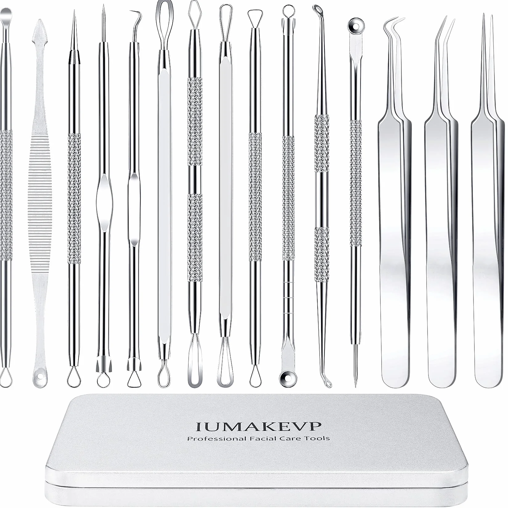 Kit di Strumenti per la Rimozione dei Punti Neri [15 Pezzi], IUMAKEVP Estrattori per Brufoli Professionale in Acciaio Inossidabile per il Trattamento e la Togli di Comedoni e Acne sul Viso (Argento)