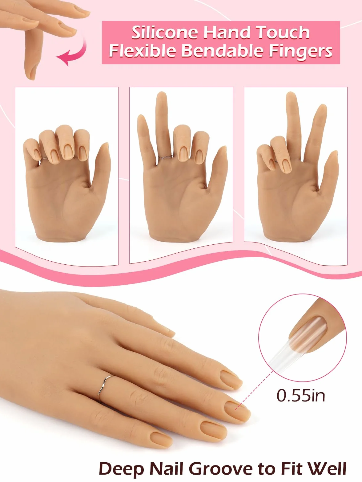 Mano Finta per Ricostruzione Unghie: Silicone Mano Pratica Unghie | Flessibile Mano Finta per Unghie con 240 Pezzi 3XL Punte per Unghie per Principianti Salone Casa, Naturale