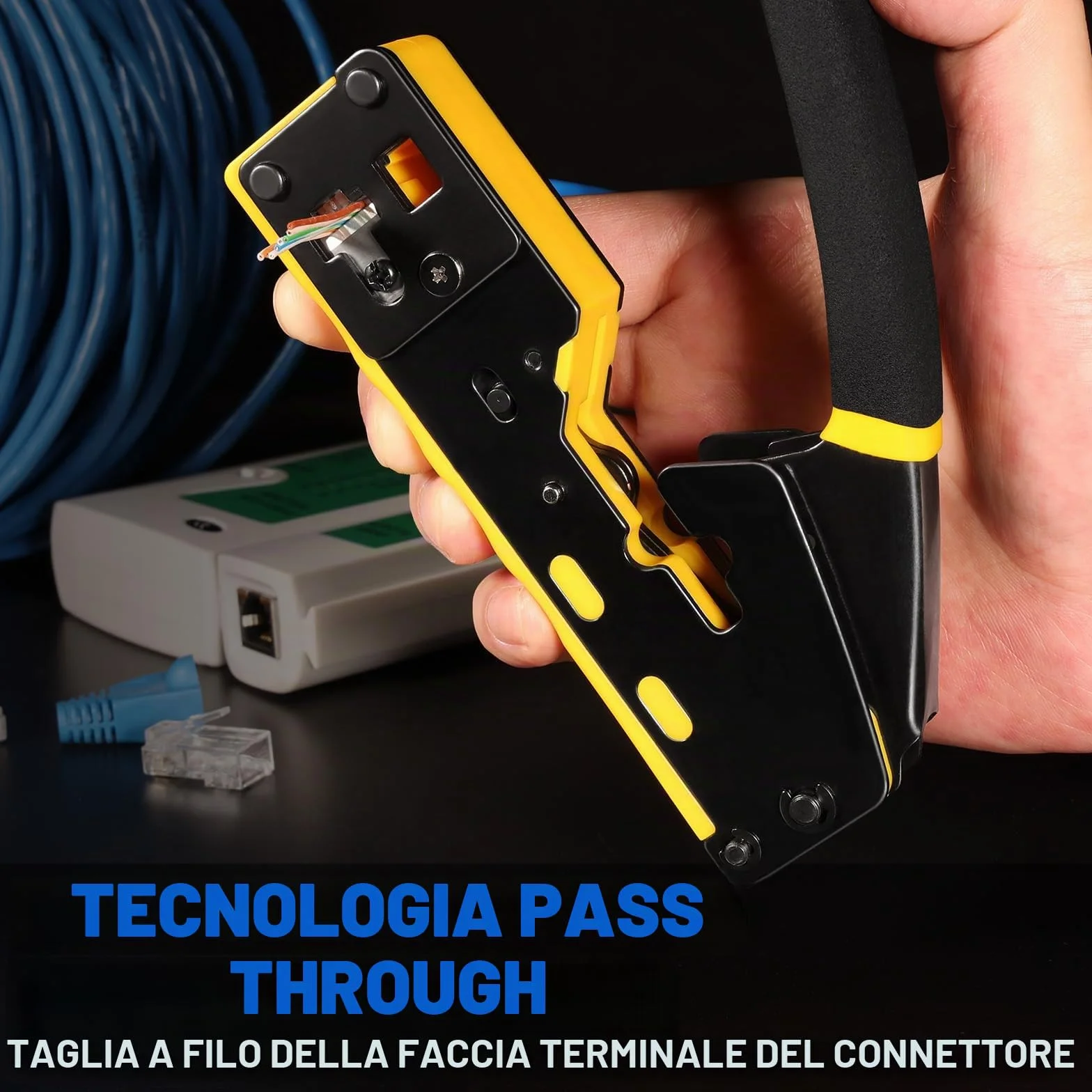Pinza Crimpatrice RJ45 Passante per Connettori Ethernet Cat6 Cat5 Cat5e con Tester Cavi di Rete 50 Connettori RJ45 50 Coperture RJ45