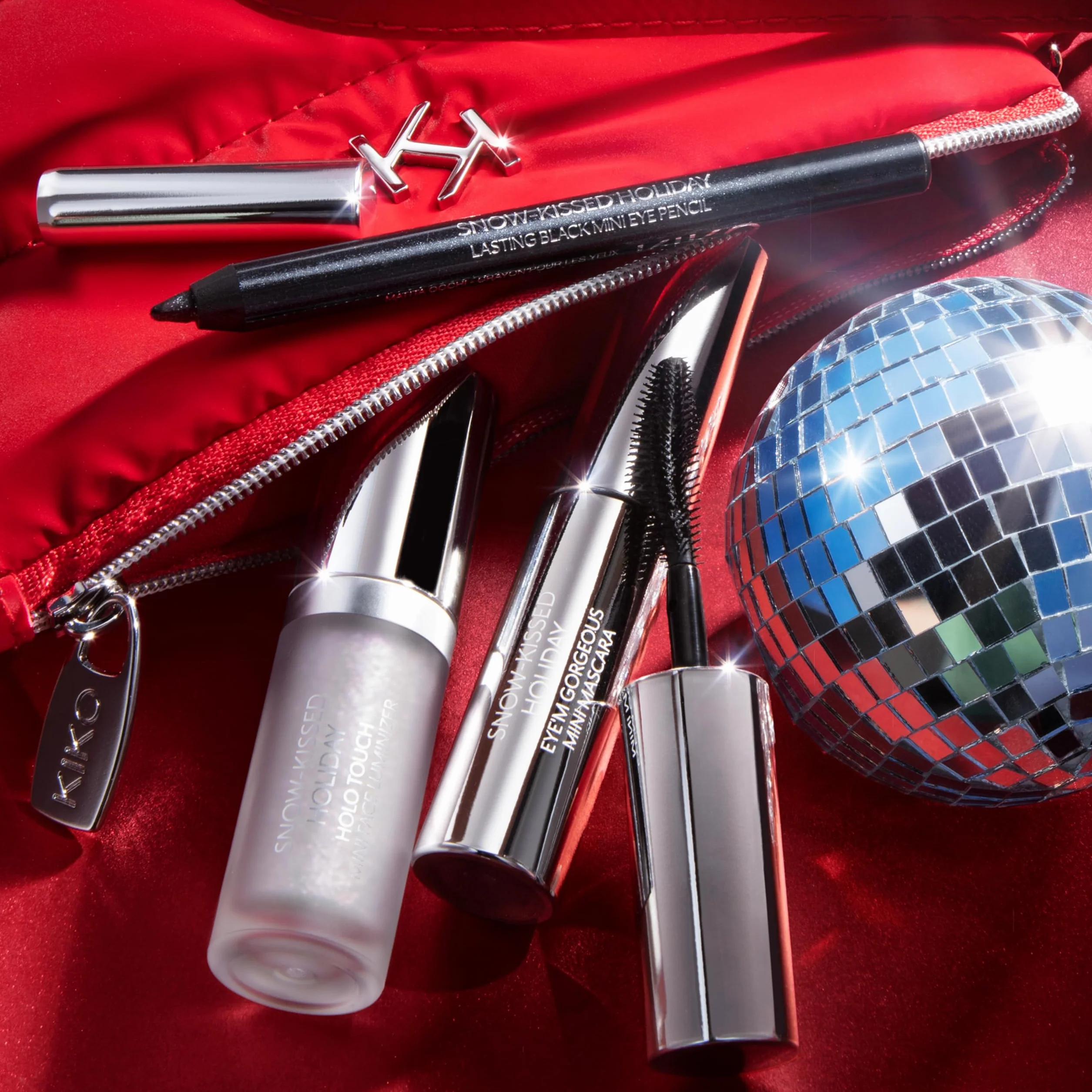 KIKO Milano Snow-Kissed Holiday Secret Santa Mini Make Up Gift Set, Gift Set Makeup: Mascara Effetto Volumizzante, Matita Occhi E Illuminante Liquido In Formato Mini