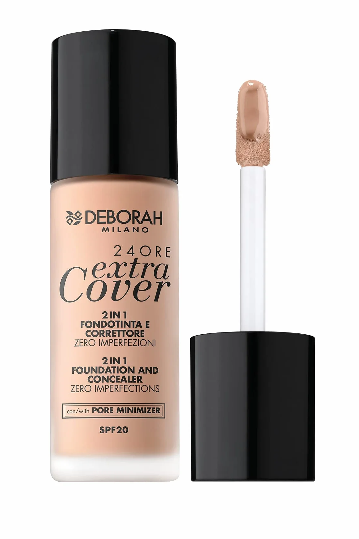 Deborah Fondotinta 24ORE Extra Cover N.02 Beige SPF20, ad Altissima Coprenza e Lunga Tenuta, applicatore di precisione per uso correttore