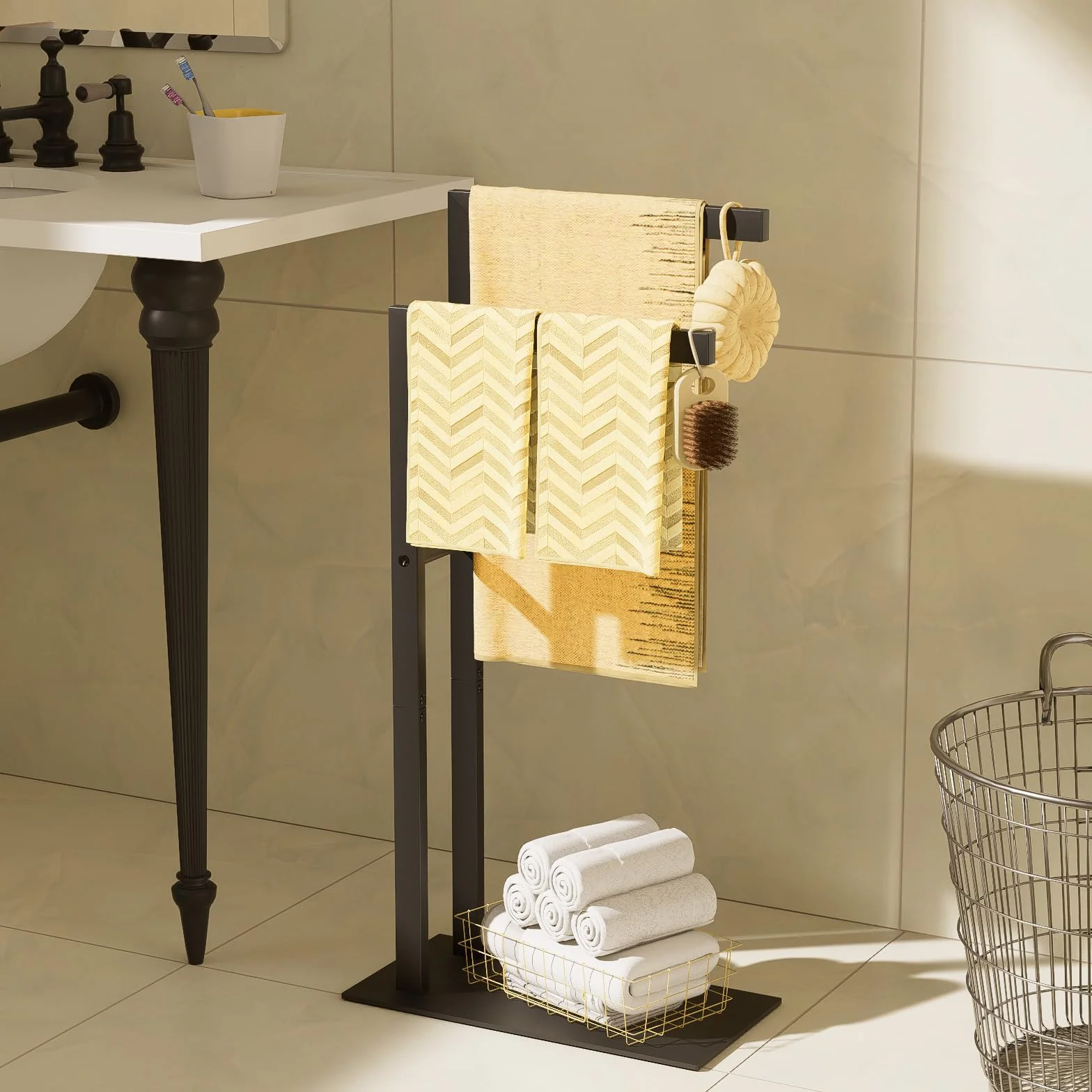 Yawinhe Porta Asciugamani Bagno da Terra in Acciaio Inox 2 Bracci 40x20x80cm Nero