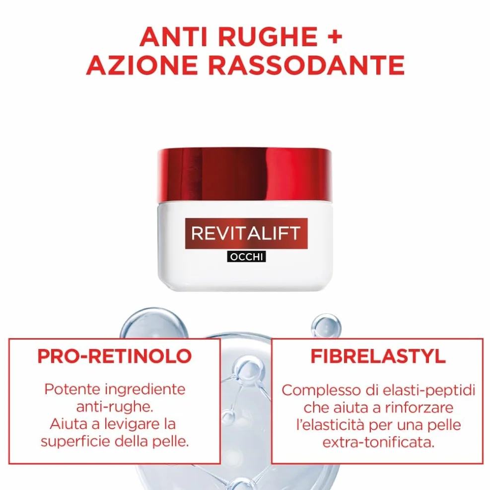L'Oréal Paris Crema Idratante Contorno Occhi, Per Tutti i Tipi di Pelle, Azione Rassodante, Contorno Occhi Levigato e Riposato, Arricchita Con Pro-Retinolo e Fibrelastyl, 15 ml