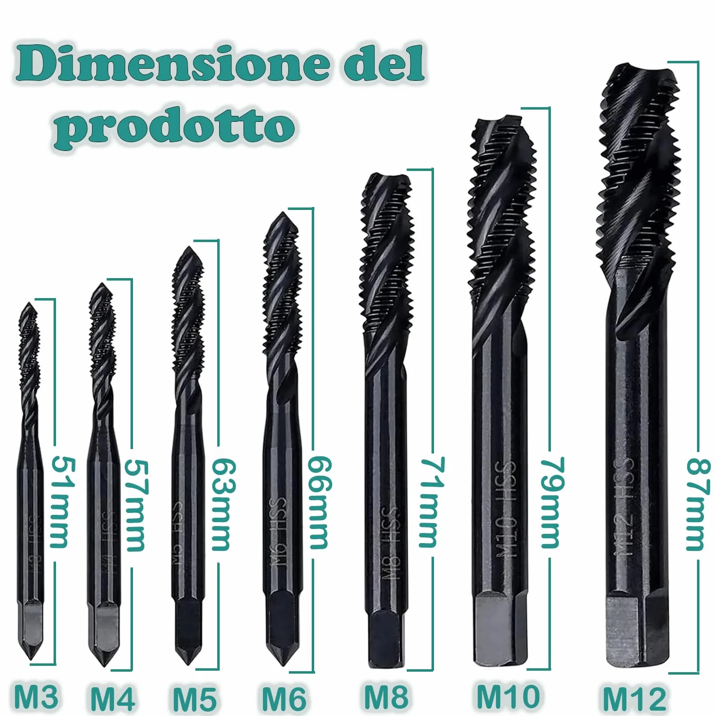 Maschi a filettatura interrotta a spirale in nitruro HSS 6542 M3 M4 M5 M6 M8 M10 M12 Set 7 pezzi per metallo legno