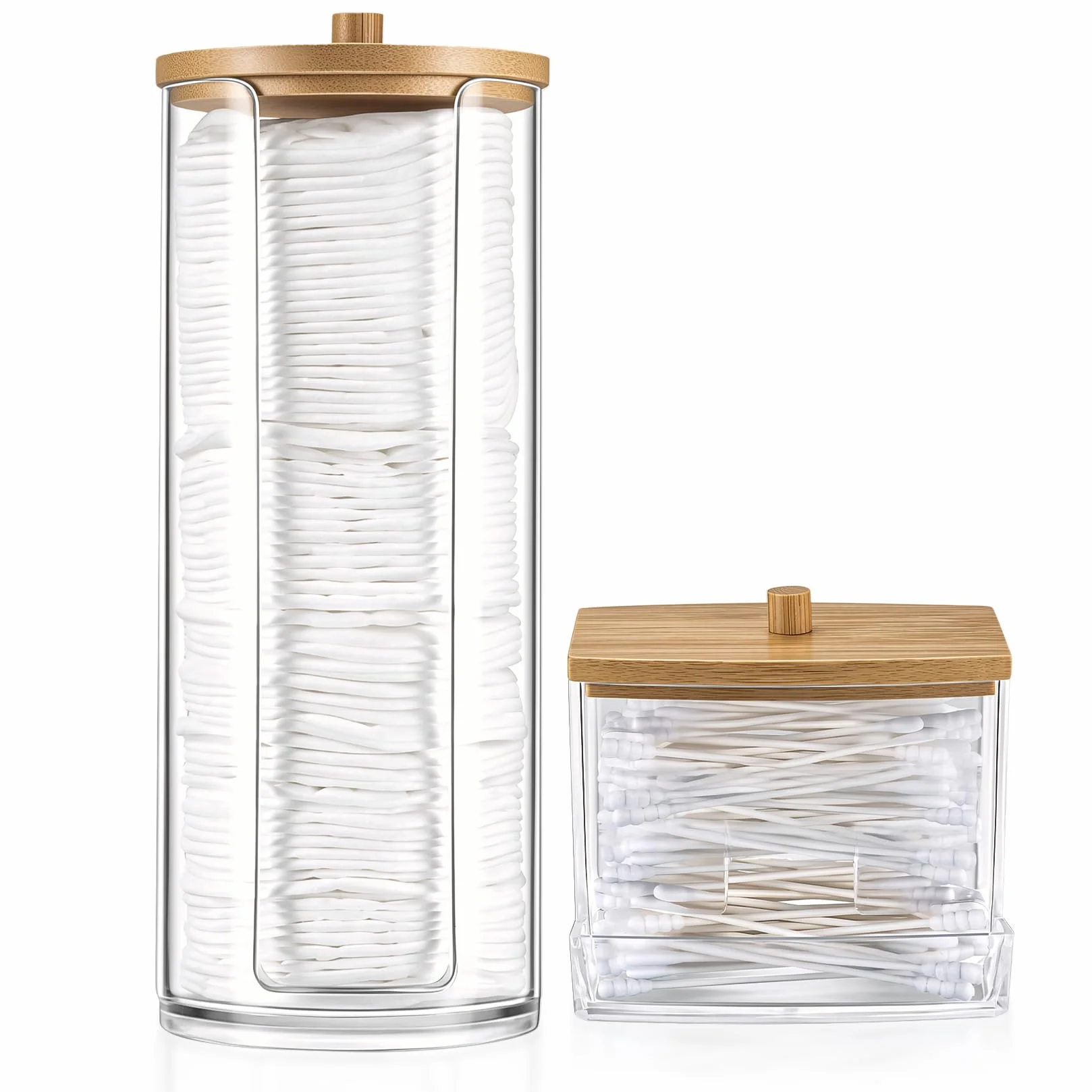 2 Pz Porta Cotton Fioc, Contenitori per Dischetti Struccanti, Trasparente, Scatola Dispenser Tamponi con Coperchio in Bambù, Organizzatore per Batuffoli Cotone, Cosmetici, Trucco