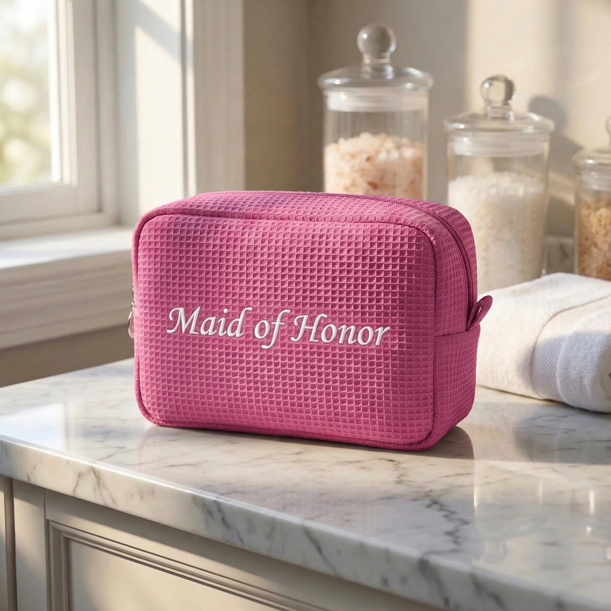 Borsa da trucco personalizzata con nome ricamato, borsa da bagno in maglia goffrata personalizzata per donne, borsa da viaggio grande e piccola borsa da trucco per regali da damigella