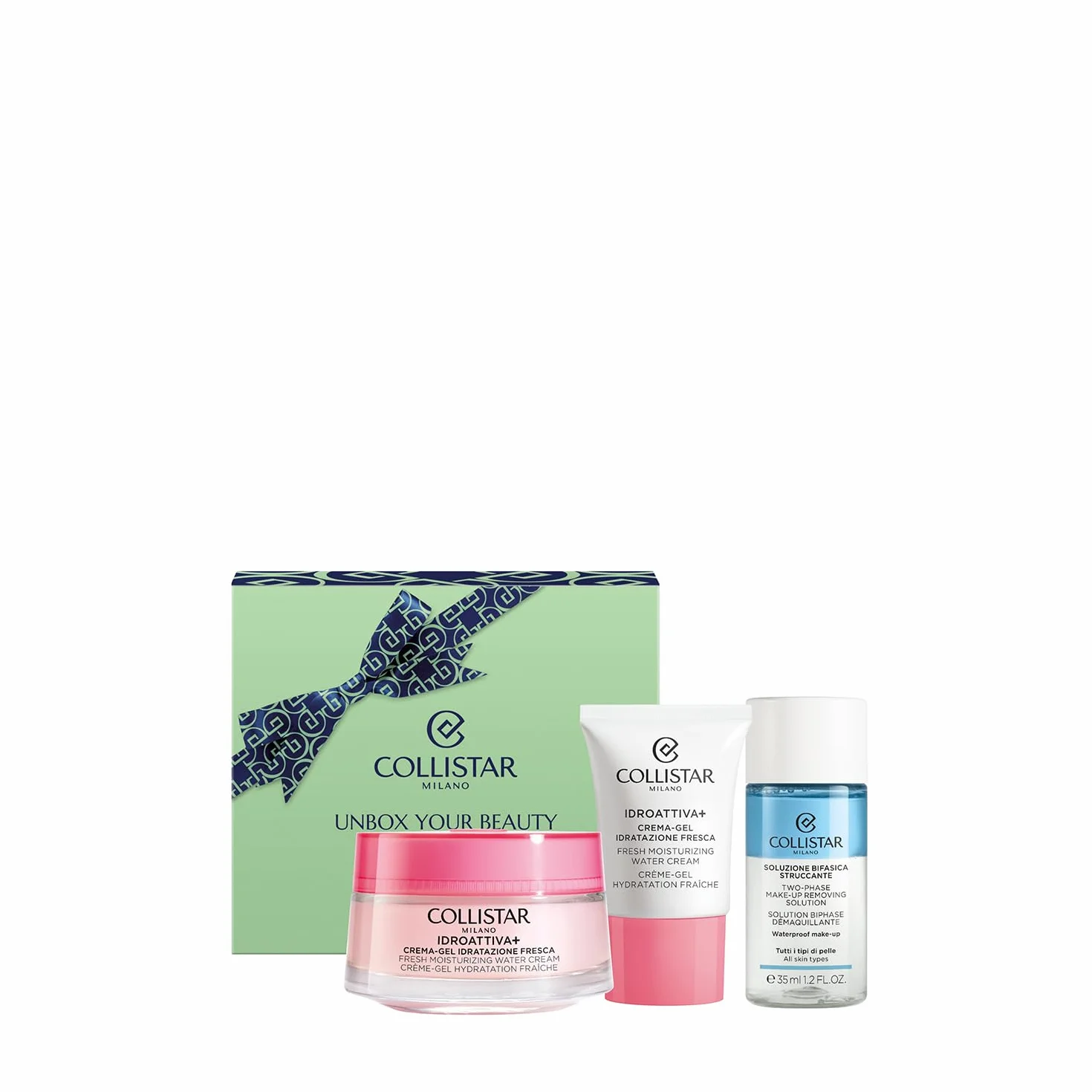 Collistar Idroattiva+ Cofanetto Regalo Donna Viso, Crema-Gel Idratazione Fresca, Mini Crema-Gel e Struccante Bifasico Waterproof, Idratante, Illuminante, Detergente, Tutti i Tipi di Pelle