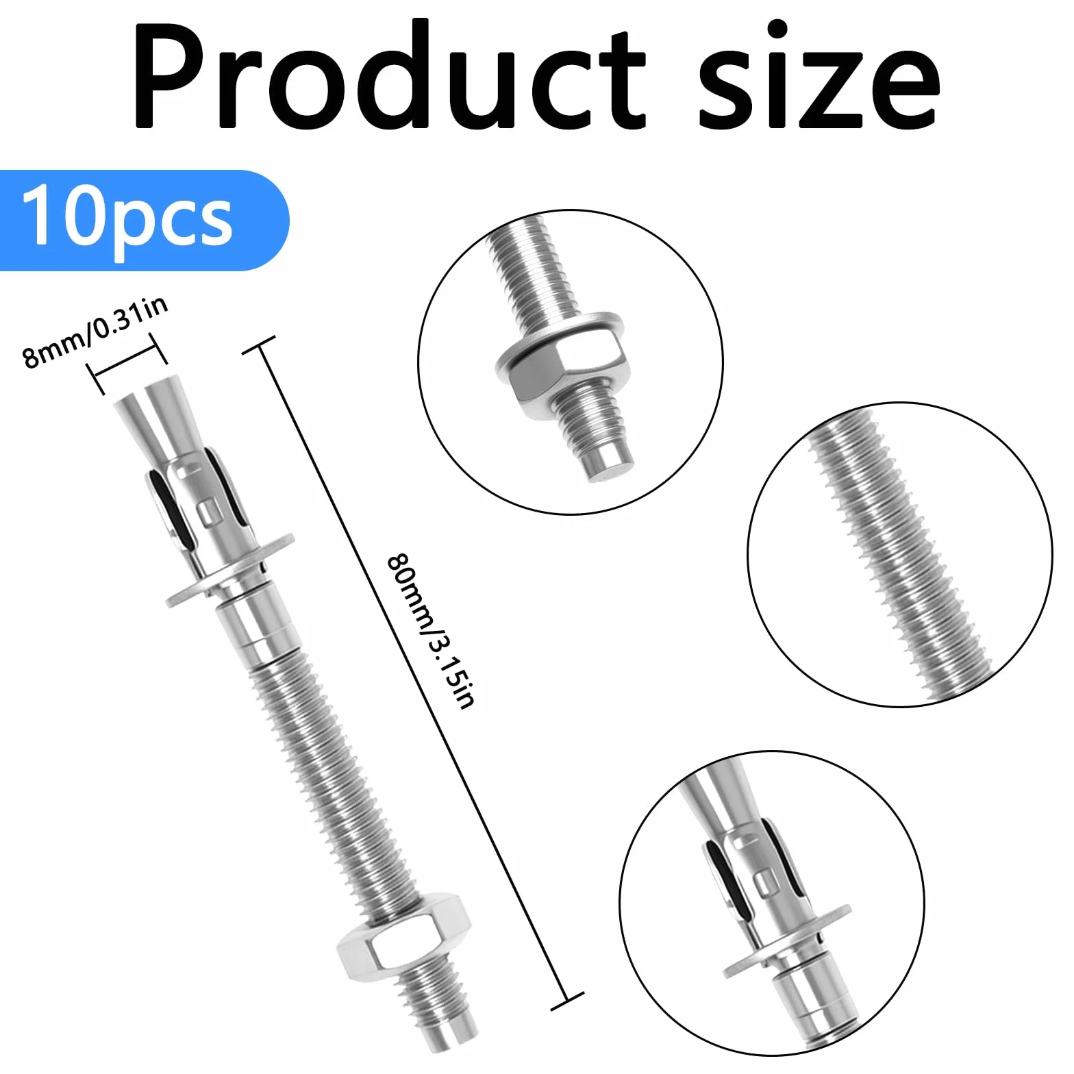Tasselli per carichi pesanti M8 x 80 mm, ancoraggi in acciaio inox A2 V2A, con rondelle e dadi
