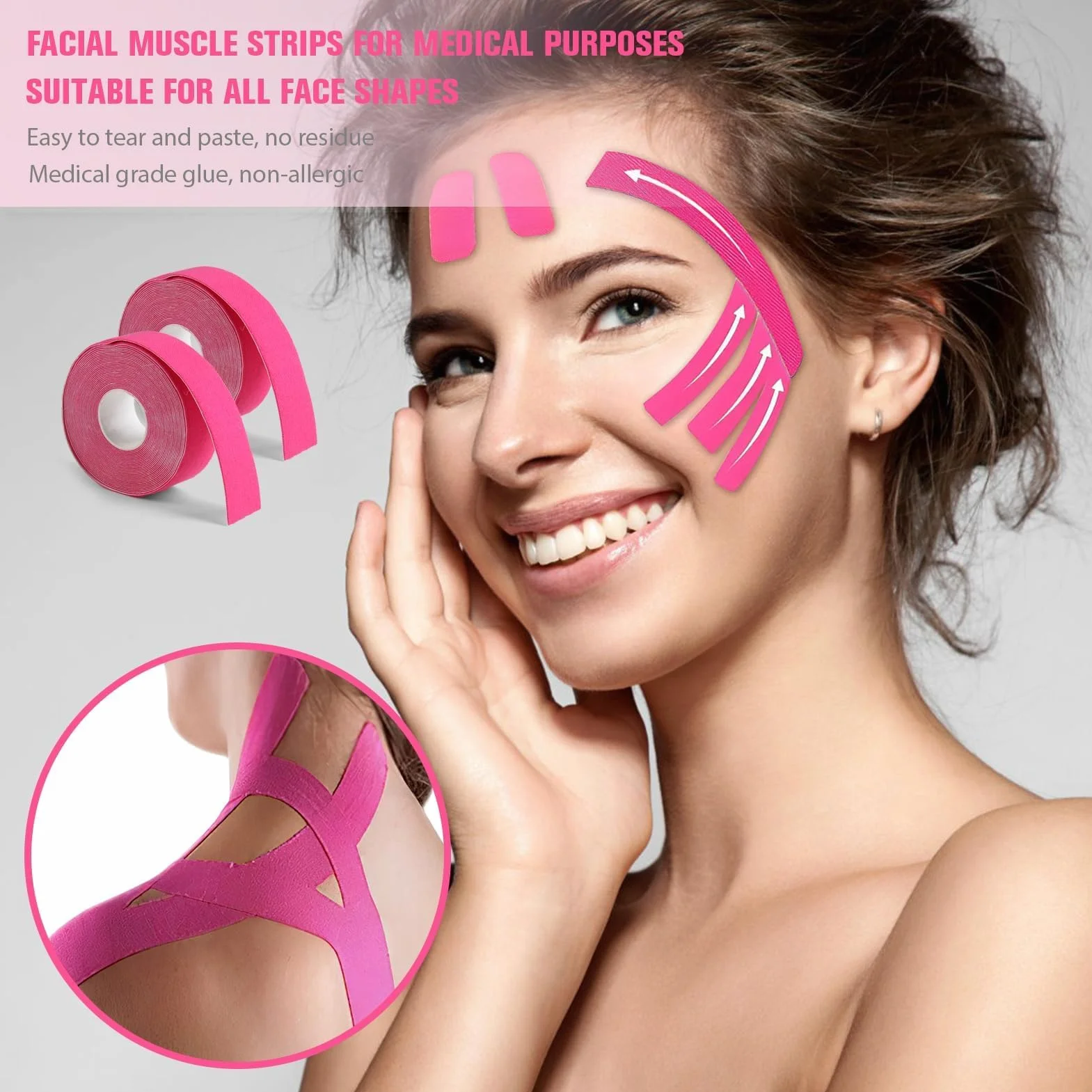 Nastro Lifting Facciale 2.5cm*5m - Cerotti Antirughe Effetto Lifting per Rassodamento e Rimodellamento del Viso, Adesivi Viso Traspiranti e Sicuri, Ideali per un Contorno Viso Definito (Rosa)