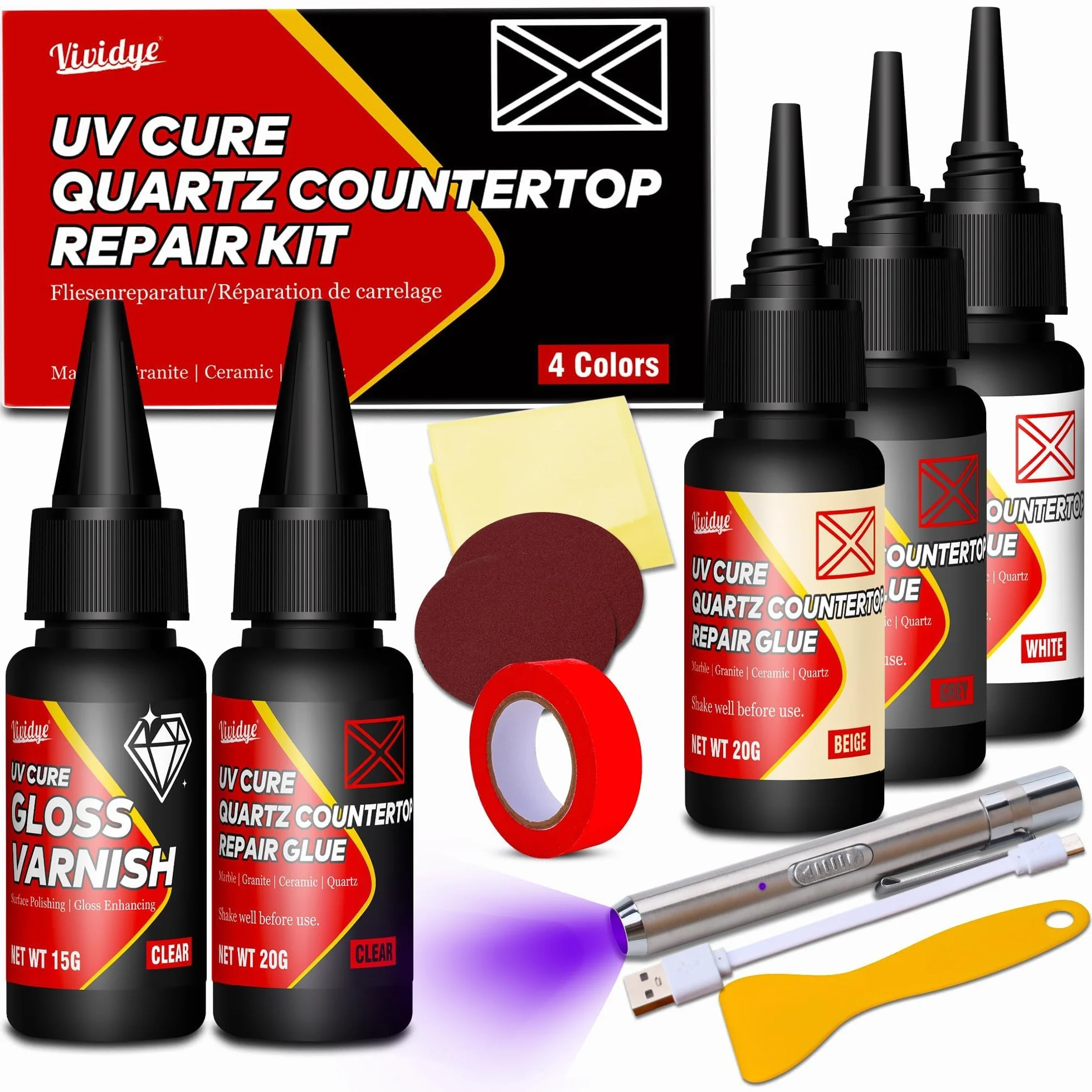 Kit Riparazione Piastrelle Doccia Bacino con Colla 4 Colori, Lampada UV e Vernice per Quarzo, Granito, Marmo, Fibra di Vetro, Ceramica, Acrilico