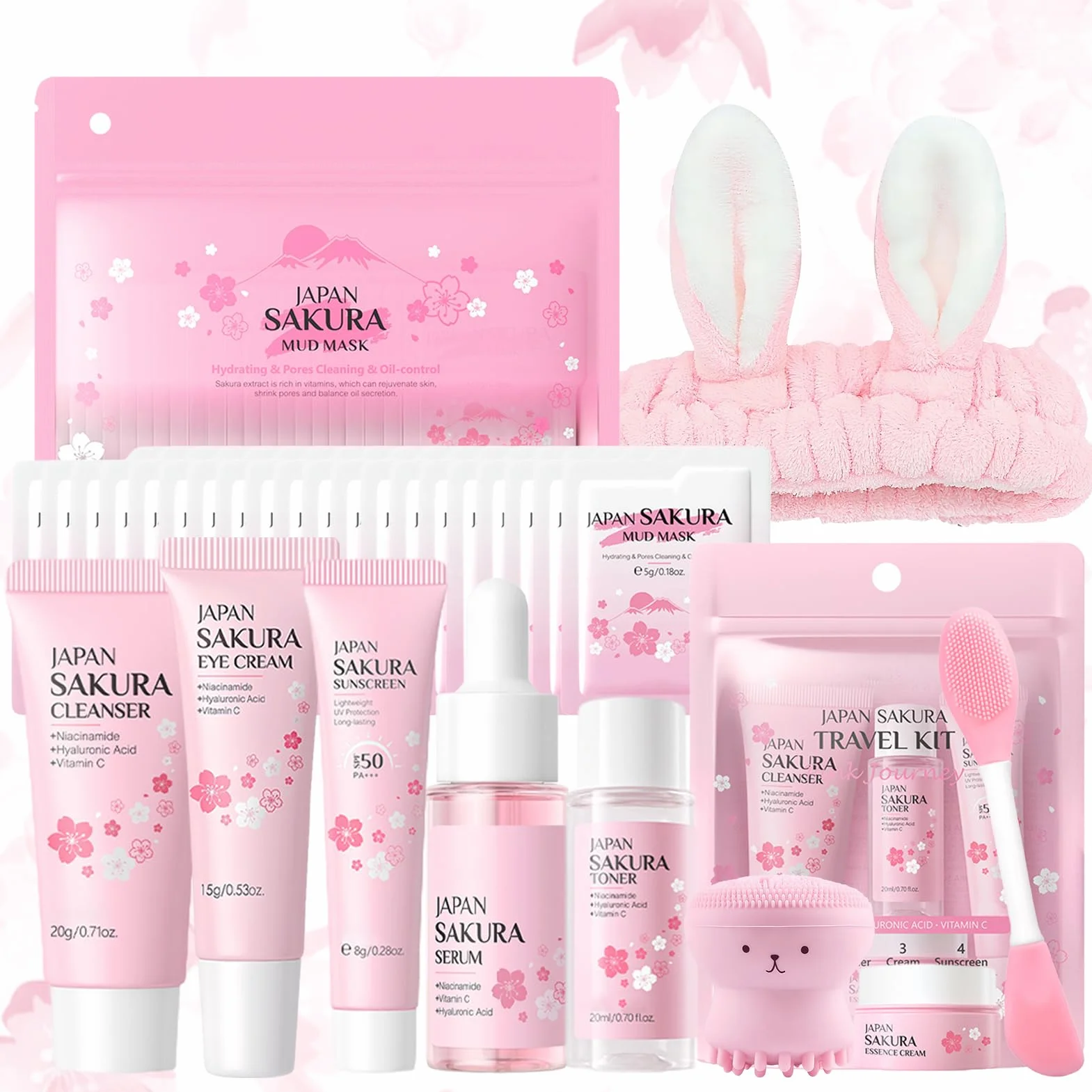 29 Pezzi Kit per la Cura della Pelle Sakura, include Detergente, Tonico, Crema Viso, Maschera, Siero e Crema per Gli Occhi, Mini Size da Viaggio Prodotti Skincare per Ragazze e Donne