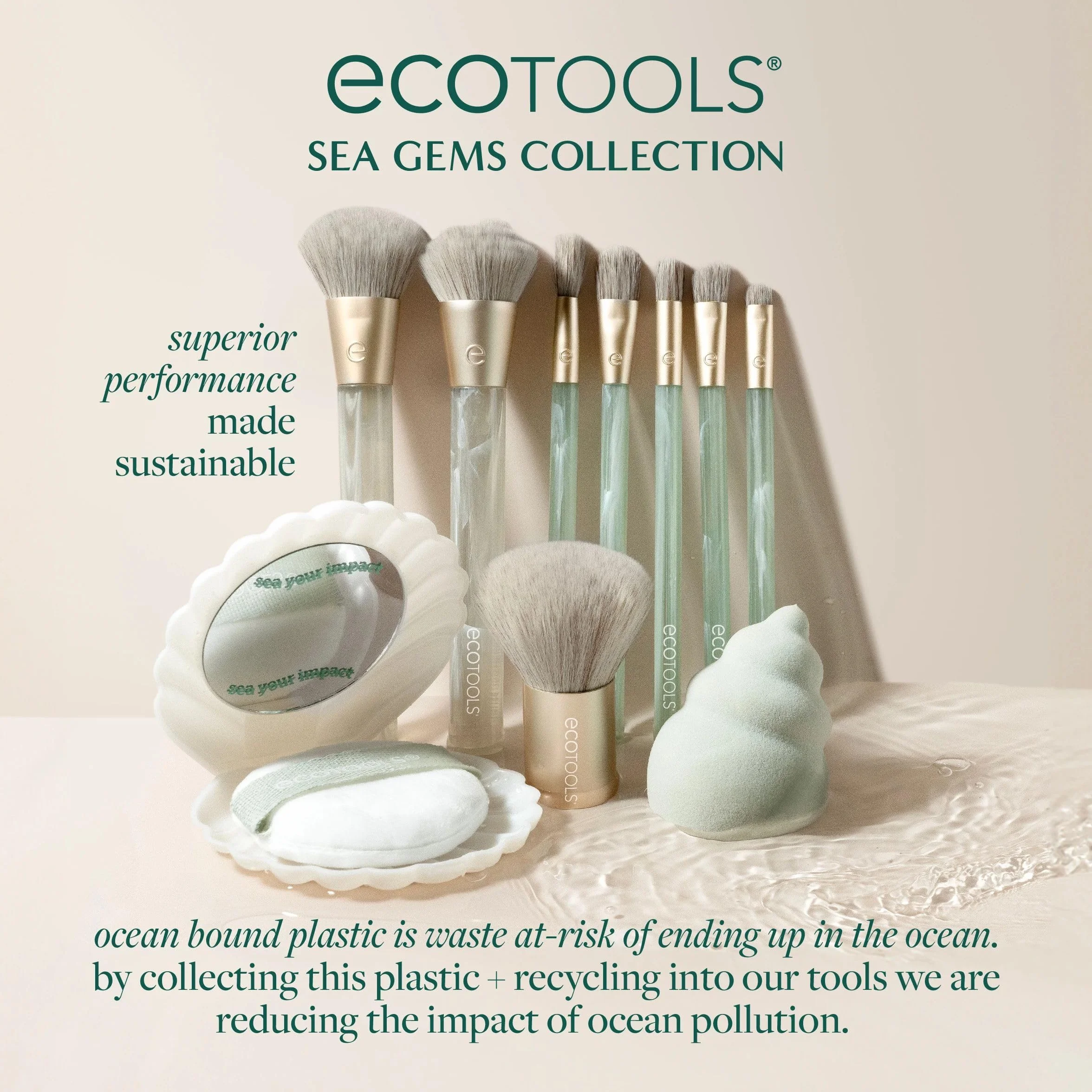 EcoTools Sea Gems Cream Blush Brush, Liquid & Cream Blush Makeup Brush for Smooth Buildable Cheek Color, Dense Rounded Bristles, Sustainable Design, Vegan & Cruelty-Free, 1 Count