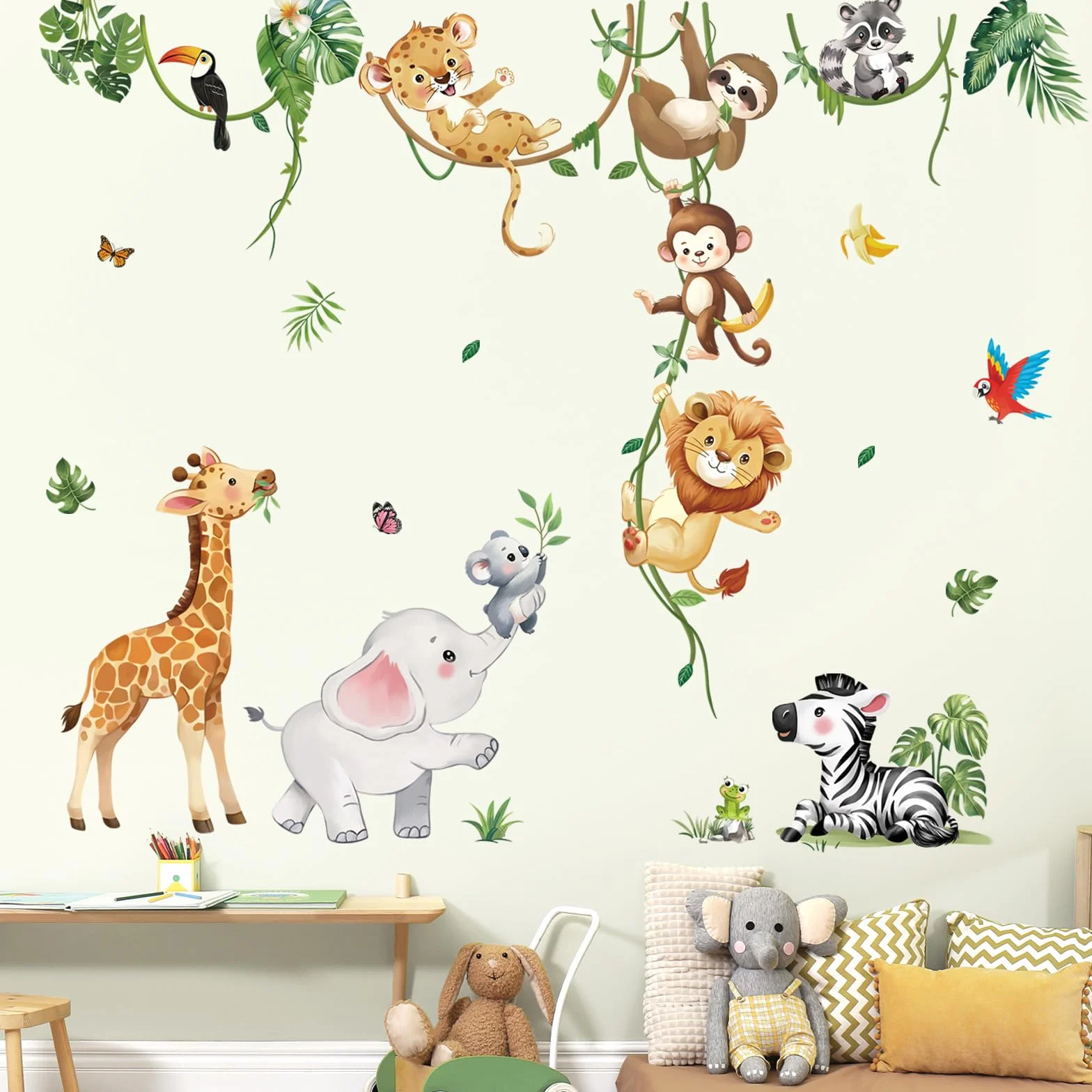 Adesivi Murali Animali della Giungla Giraffa Elefante Leone Safari Decorazione Murale per Camerette Bambini